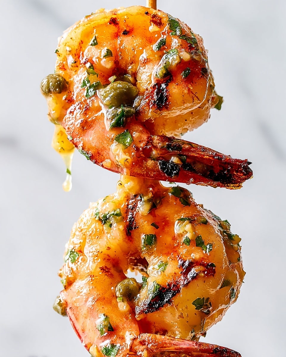 Close-up of two cooked shrimp stacked vertically on a skewer, showing their bright orange-pink color with charred black spots and glistening texture. Each shrimp is coated with small pieces of green herbs, light yellow garlic bits, and some round green capers. The shrimp look juicy with a bit of sauce dripping from the lower one. The background is a clean white marbled texture. photo taken with an iphone --ar 4:5 --v 7