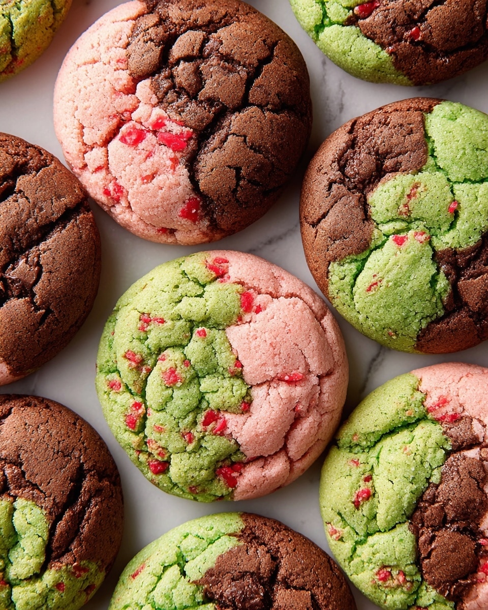 The image shows several round cookies arranged closely together on a white marbled texture. Each cookie has three main sections with different colors and textures: a rough brown chocolate layer with a cracked surface, a green layer that looks soft and crumbly, and a light pink layer embedded with small bright red bits that add texture and color contrast. The cookies are thick and have slightly raised, uneven tops that make the colors swirl into each other in a natural, marbled pattern. photo taken with an iphone --ar 4:5 --v 7
