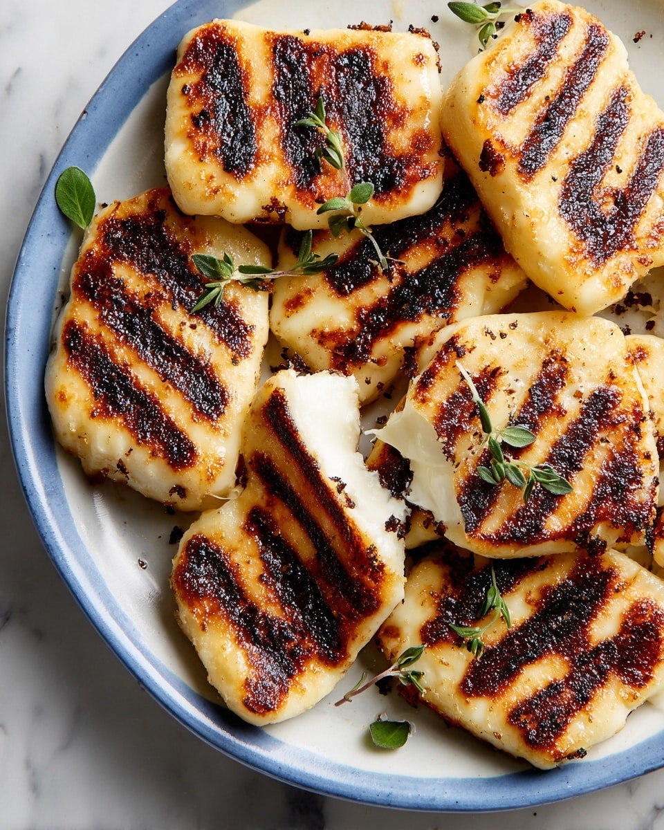 The image shows a close-up of several grilled pieces of halloumi cheese arranged on a white plate with a blue inner surface. Each piece of cheese has three dark brown, almost black, grilled lines across its top, contrasting with the golden and slightly oily, crispy texture of the cheese edges. Some pieces have a light sprinkle of black pepper and small green herb leaves scattered on and around them. One piece is broken in the middle, showing a soft, melted white interior. The plate sits on a white marbled surface. photo taken with an iphone --ar 4:5 --v 7