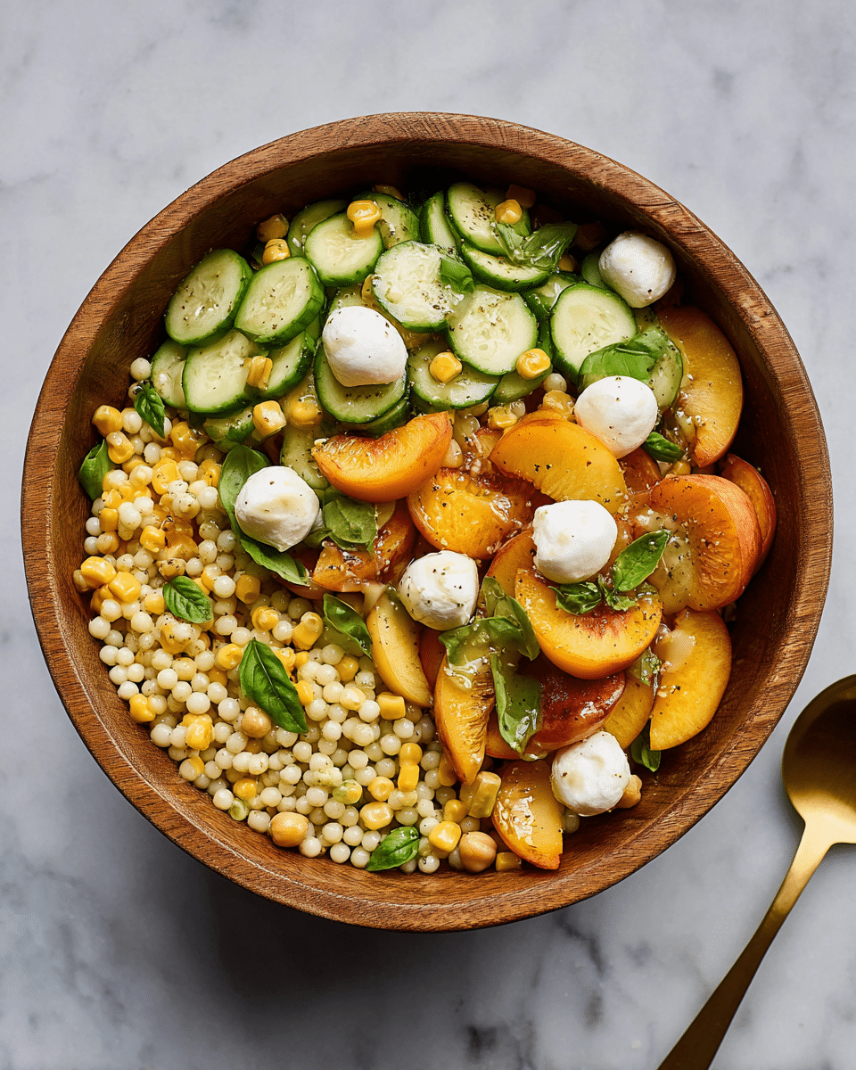 A wooden bowl filled with a colorful salad sits on a white marbled surface, showing layers of light yellow couscous at the bottom mixed with beige chickpeas, topped with orange peach wedges, bright green cucumber slices, small white mozzarella balls, and scattered green basil leaves, creating a fresh and vibrant mix. A gold spoon lies nearby on the white marbled surface. Photo taken with an iphone --ar 4:5 --v 7