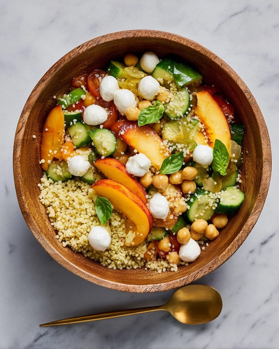 A wooden bowl filled with a colorful salad sits on a white marbled surface. The salad has four main layers: the base layer includes small round pearl couscous with a pale yellow color and some chickpeas mixed in; the middle layer has several slices of green cucumber and toasted yellow corn kernels; on top of this, there are roasted peach slices with a warm orange color and soft texture; scattered throughout the salad are small white mozzarella balls and fresh green basil leaves that add a pop of color. To the right of the bowl, there is a gold spoon partially visible. photo taken with an iphone --ar 4:5 --v 7