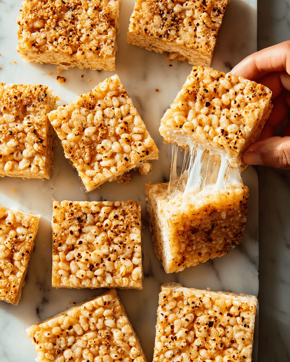 Several square crispy rice treats with a light golden color and some darker toasted spots on their uneven tops are placed on a white surface with a marbled texture. Each square has a rough, puffy texture with visible puffed rice grains bound together in a sticky, slightly shiny layer. In the center, a woman's hand is pulling apart one piece, revealing stretchy, melted white cheese inside, creating thin cheese strings that connect the separated pieces. The overall look is warm and gooey with a crunchy top layer. photo taken with an iphone --ar 4:5 --v 7