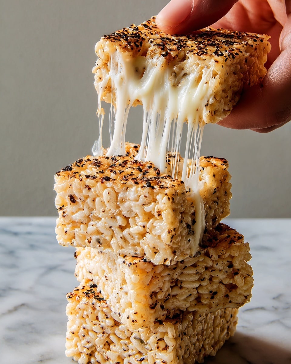 A close-up image shows three square pieces of toasted rice crispy treats stacked on each other. The treats are golden brown with a slightly rough texture and are covered with small black toasted spots on the surface. The top piece is pulled up by a woman's hand, revealing melted, stretchy white cheese strands between the top and middle pieces. The background features a simple white marbled surface. photo taken with an iphone --ar 4:5 --v 7