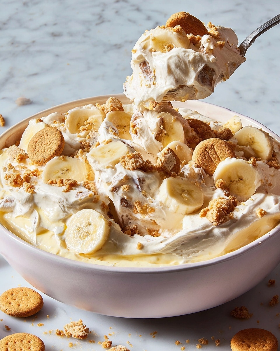A large white bowl filled with a creamy, fluffy banana dessert, showing a thick layer of pale yellow cream mixed with slices of light cream-colored bananas with brown centers scattered throughout. Golden-brown cookie pieces of various sizes sit on top and within the cream, adding texture. A spoon lifts a generous scoop of the dessert above the bowl, highlighting the soft, airy texture mixed with cookie bits and banana slices. The bowl sits on a white marbled surface, with broken cookie pieces scattered around it. photo taken with an iphone --ar 4:5 --v 7