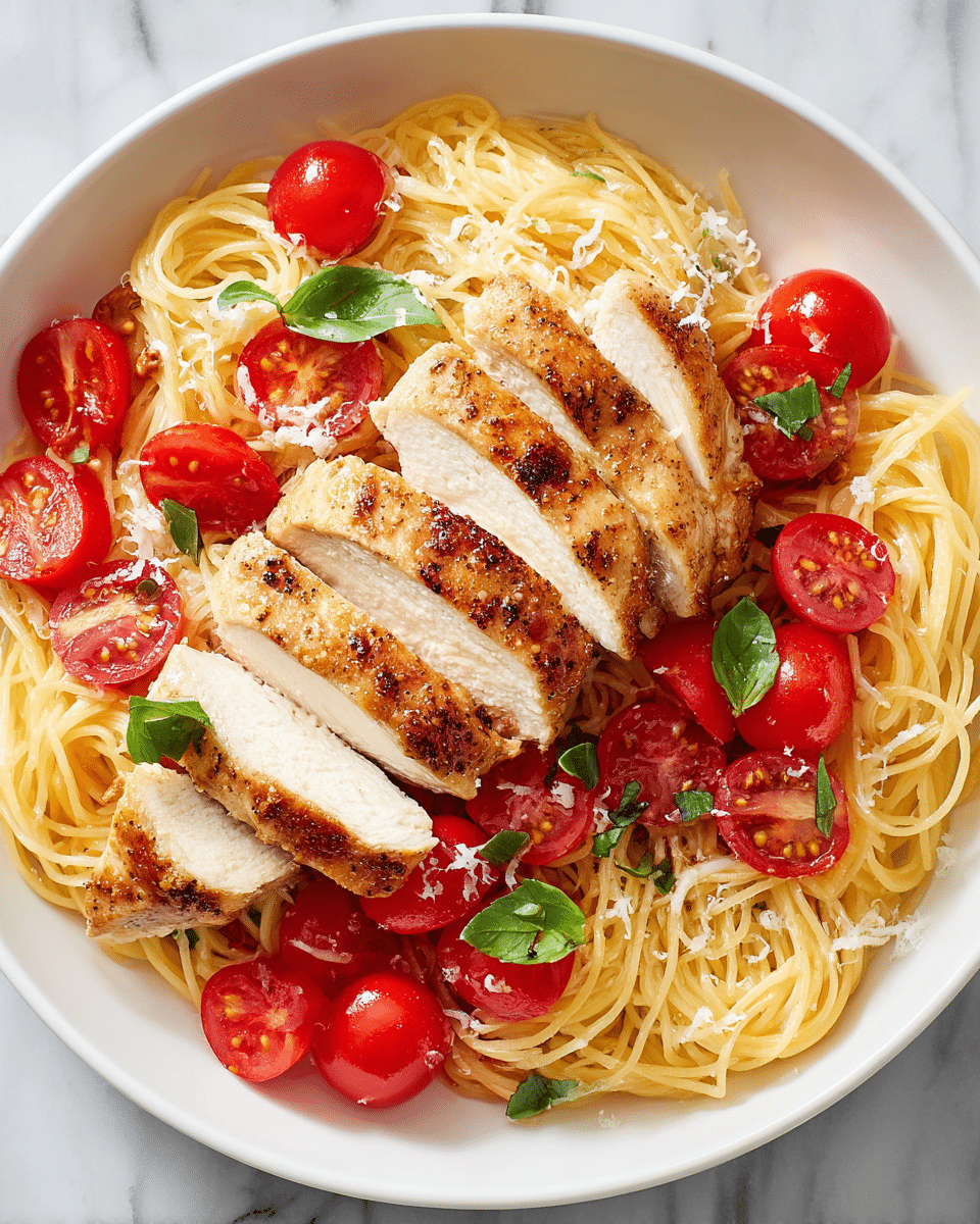 A white pan filled with a bed of thin, yellow pasta noodles mixed with halved bright red cherry tomatoes and green fresh basil leaves, sprinkled with grated white cheese, topped with two rows of golden-brown grilled chicken breast slices arranged in the center. The pan rests on a white marbled surface with a few basil leaves scattered around it. photo taken with an iphone --ar 4:5 --v 7