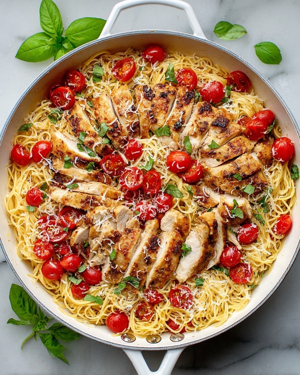 A white plate holds a dish with three main layers: the bottom layer is thin, yellow spaghetti noodles spread evenly across the plate; the middle layer consists of bright red, halved cherry tomatoes scattered on and around the noodles; on top, there are five thick slices of grilled chicken breast with a golden-brown crust and juicy white inside, placed stacked slightly angled in the center. Small green basil leaves are scattered around, and a slight sprinkle of white grated cheese is on the chicken and some noodles. The background is a white marbled texture. Photo taken with an iphone --ar 4:5 --v 7