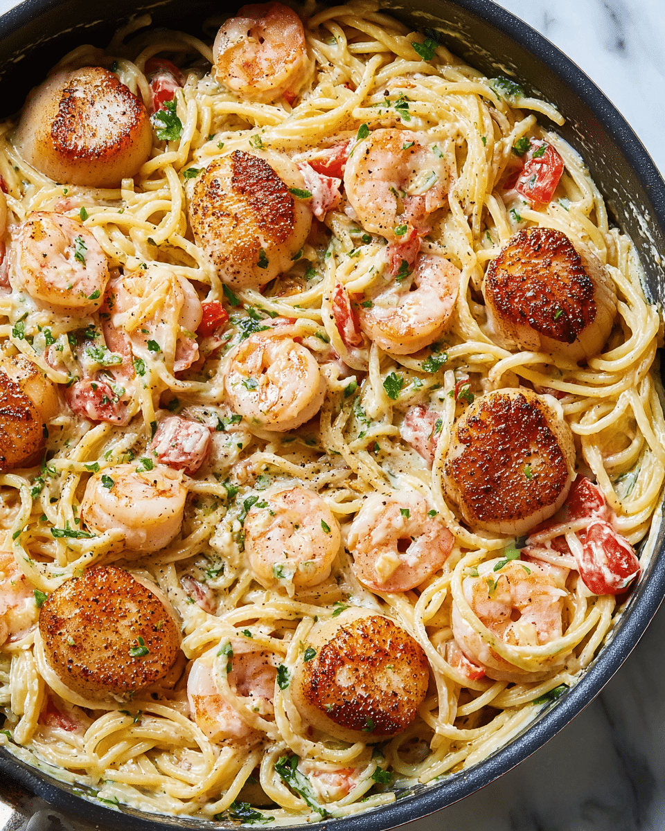 A close-up view of a creamy pasta dish in a black skillet on a white marbled surface, showing a mix of lightly golden seared scallops and pink shrimp nestled among twisted, smooth yellow spaghetti strands coated in a creamy white sauce. Bright green chopped parsley and small red tomato pieces are scattered on top, along with visible specks of black pepper. The scallops have a crispy, browned crust, contrasted by the plump, tender shrimp with curled tails. photo taken with an iphone --ar 4:5 --v 7