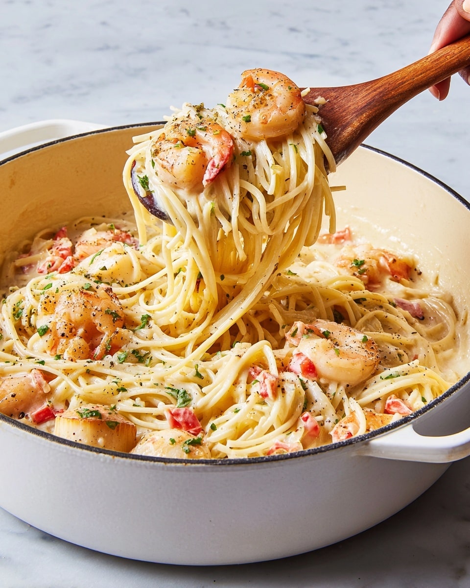 A white cooking pot filled with a creamy pasta dish, showing about three layers: the bottom layer is a smooth, pale cream sauce, the middle layer is long, light yellow spaghetti noodles tangled and coated with sauce, and the top layer has pink shrimp, small red diced pieces, and browned scallops scattered throughout, garnished with green herbs and black pepper. A wooden spoon held by a woman's hand is lifting a serving of spaghetti with a shrimp on top. The pot is placed on a white marbled textured surface. photo taken with an iphone --ar 4:5 --v 7