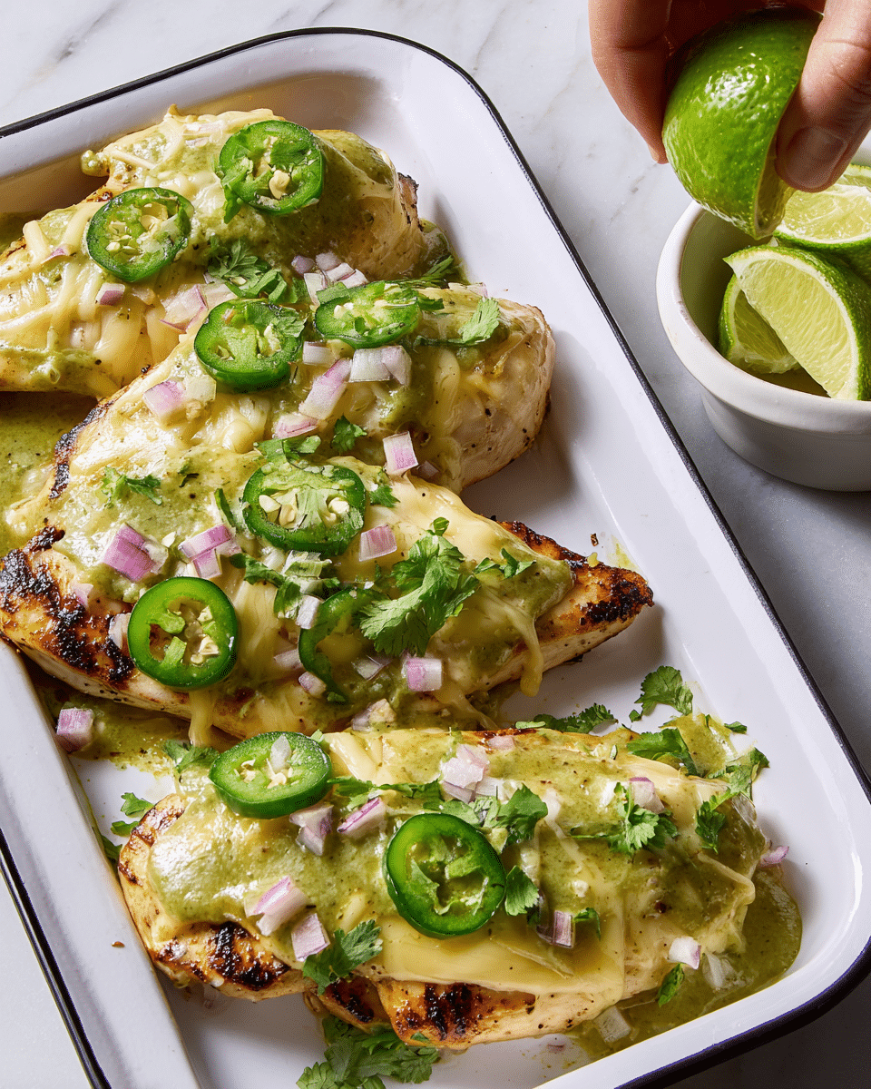 A white plate holds multiple pieces of grilled chicken topped with a melted light yellow cheese layer, scattered small pieces of purple onion, slices of green jalapeño, and fresh green cilantro leaves. A spoon in the top right is pouring a chunky green sauce over the chicken, adding a wet, textured layer that contrasts with the smooth melted cheese and the fresh herbs on top. The background shows a white marbled texture. Photo taken with an iphone --ar 4:5 --v 7
