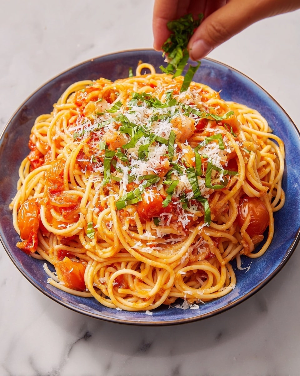 A blue bowl filled with a large serving of spaghetti with light orange tomato sauce mixed with small chunks of tomatoes and onions, topped with finely grated white cheese and thin green basil strips spread over the top. A woman's hand is seen adding more green basil leaves on the top left of the image. The bowl rests on a white marbled surface. photo taken with an iphone --ar 4:5 --v 7