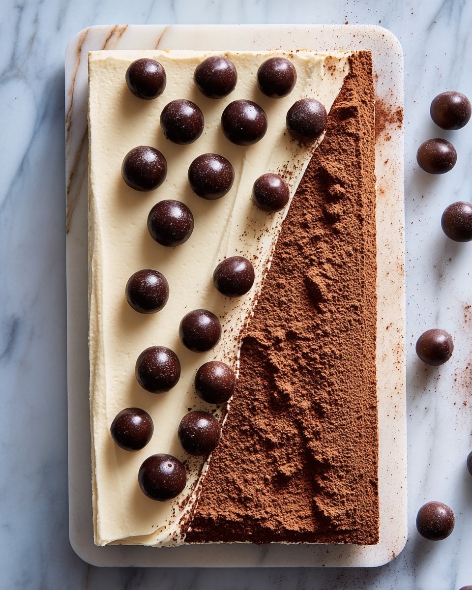 A rectangular dessert sits on a white marbled tray, divided diagonally into two distinct halves. The left half is a smooth, light cream-colored layer topped with evenly spaced shiny dark chocolate balls. The right half is covered with a thick layer of brown cocoa powder, with a sharp edge dividing it from the cream side and some cocoa powder spilling onto the tray. Scattered dark chocolate balls also lie around the tray on a white marbled surface. photo taken with an iphone --ar 4:5 --v 7