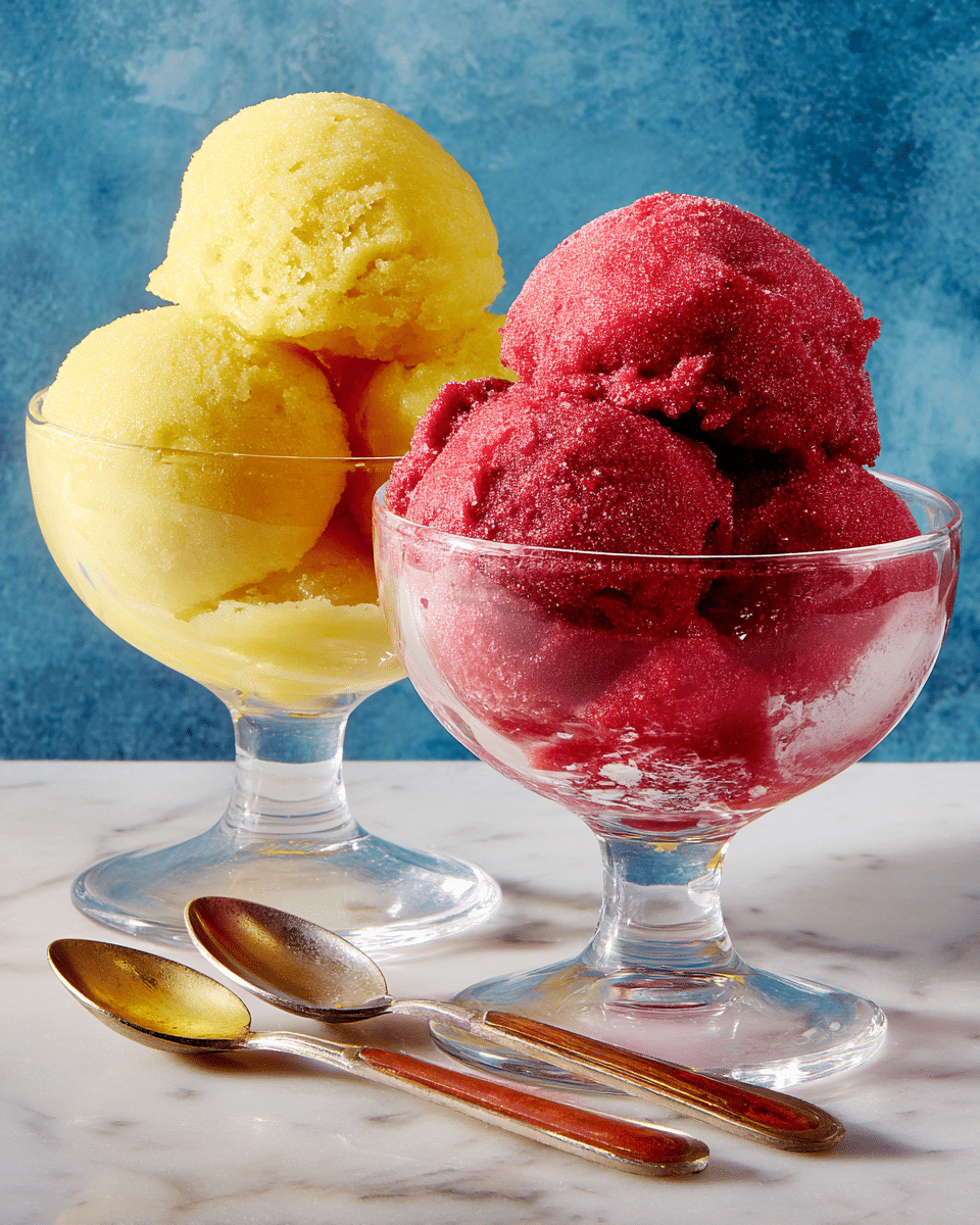 There are two dessert glasses with scoops of sorbet placed on a white marbled surface. The glass on the left holds three rounded scoops of yellow sorbet stacked closely with a slightly rough texture. The glass on the right has two larger rounded scoops of deep red sorbet with a frosty, smooth but slightly grainy surface. Both glasses are clear and have short stems with a solid base. In front of the glasses, two silver spoons with wooden handles lie flat on the white marbled surface. The background is a textured blue color. photo taken with an iphone --ar 4:5 --v 7