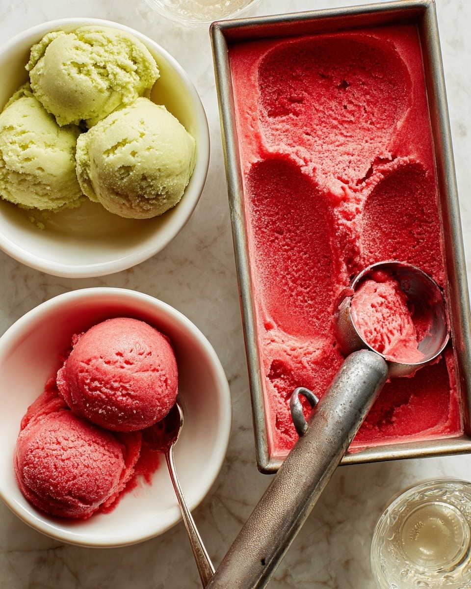 The image shows a white bowl filled with three light green scoops of creamy sorbet with a slightly grainy texture on the top left, next to another white bowl containing two bright red scoops of smooth sorbet with a metal spoon inside. To the right, there is a rectangular metal container filled with more red sorbet, textured and slightly frozen, with a metal ice cream scoop resting on it, holding a scoop of the red sorbet. The scene is set on a white marbled surface with a glass of water nearby. Photo taken with an iphone --ar 4:5 --v 7