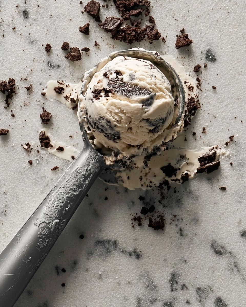 A single scoop of cookies and cream ice cream lies on a white marbled textured surface, with visible chunks of dark chocolate cookie pieces mixed into the creamy white ice cream, creating a marbled effect. The scoop is slightly melting, causing a glossy, soft texture around the edges. Beside the scoop is a metal ice cream scooper coated with some ice cream remnants and cookie crumbs. Scattered small cookie crumbs are spread casually around the scoop. Photo taken with an iphone --ar 4:5 --v 7