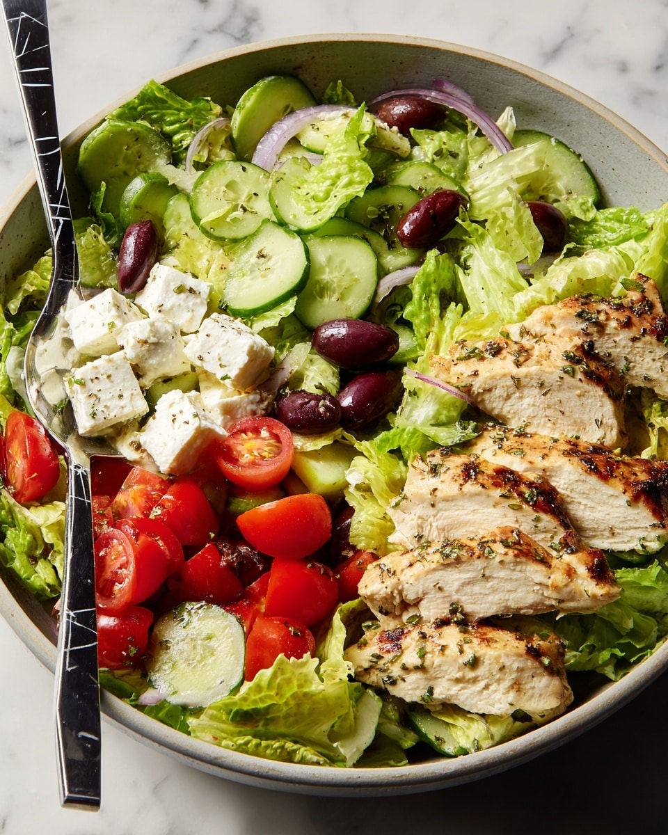 A bowl filled with a fresh salad sits on a white marbled surface. The salad has several layers: at the base, there are bright green romaine lettuce leaves with a crisp texture. Scattered on top are halved cherry tomatoes in a shiny red color and dark purple olives. Slices of pale green cucumber with a smooth surface are mixed throughout. Creamy white feta cheese chunks are spread over the salad, providing a soft contrast. On one side, there are five pieces of grilled chicken breast, showing a golden-brown color with herb sprinkles and a juicy inside. A spoon and a fork, both with black and white patterned handles, scoop some of the salad from the bowl. photo taken with an iphone --ar 4:5 --v 7