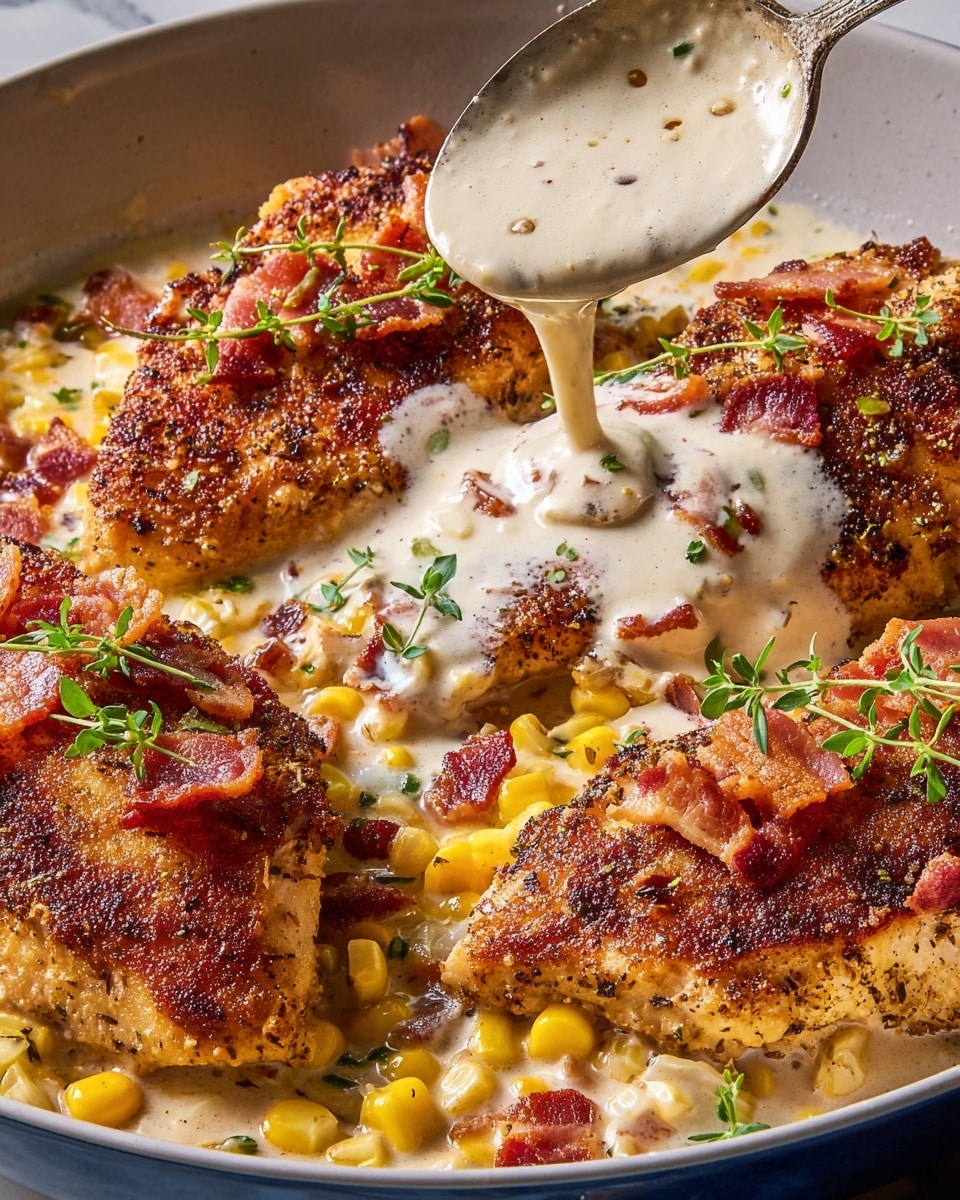 The image shows a close-up of four golden brown chicken breasts cooked with a seasoned crust, sitting partially covered in a thick, creamy white sauce with visible corn kernels and bits of crispy red bacon scattered on top and around. Small green herb sprigs add a fresh touch, while a spoon is pouring more of the creamy sauce over the chicken, creating a rich, textured look with layers of browned chicken, bright yellow corn, and reddish bacon pieces in a white bowl against a white marbled texture. photo taken with an iphone --ar 4:5 --v 7