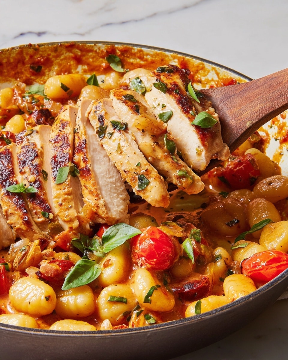 The image shows a close-up of a skillet filled with a colorful dish featuring three main layers. The bottom layer consists of small, round, golden gnocchi coated in a thick reddish-orange sauce flecked with green herbs. On top of this, there are evenly spaced slices of grilled chicken breast, displaying a light golden-brown color with grill marks and a slightly crispy texture. Scattered throughout the dish and on the chicken are fresh green basil leaves and roasted cherry tomatoes, adding fresh red and green pops of color. A wooden spoon is lifting a serving of the dish, showing a balanced mix of gnocchi, chicken slices, and sauce. The background is a white marbled surface. photo taken with an iphone --ar 4:5 --v 7