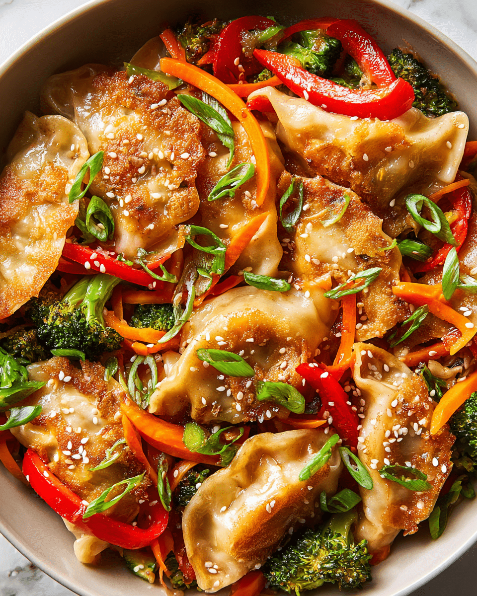 A close-up view of a dish with golden-brown fried dumplings that have crispy edges and soft, slightly translucent skins. Mixed around and between the dumplings are thin slices of bright red and yellow bell peppers, small green broccoli florets, and thin orange carrot strips. Scattered on top are sliced green onions adding a fresh green color, and sprinkled white sesame seeds add texture and contrast. Everything is served in a white bowl, and the background is a white marbled texture. photo taken with an iphone --ar 4:5 --v 7