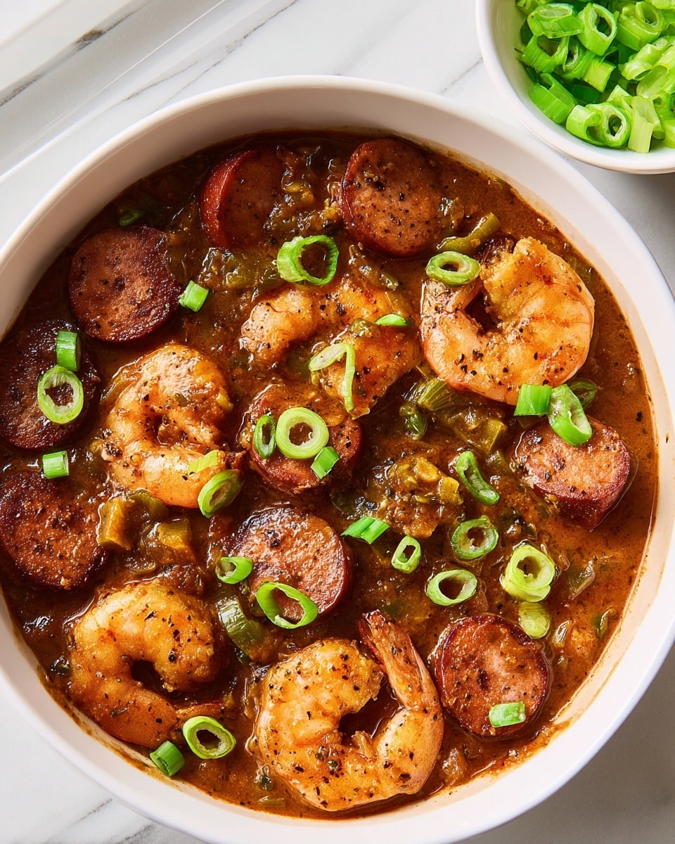 A white bowl filled with a thick brown stew that has several slices of browned sausage and plump, cooked shrimp arranged throughout. The stew has a rich, slightly glossy texture with visible bits of green peppers and onions mixed inside. Bright green slices of scallions are scattered on top, adding a fresh contrast. In the background, there is a smaller white bowl containing more sliced green scallions, all set on a white marbled surface. Photo taken with an iphone --ar 4:5 --v 7