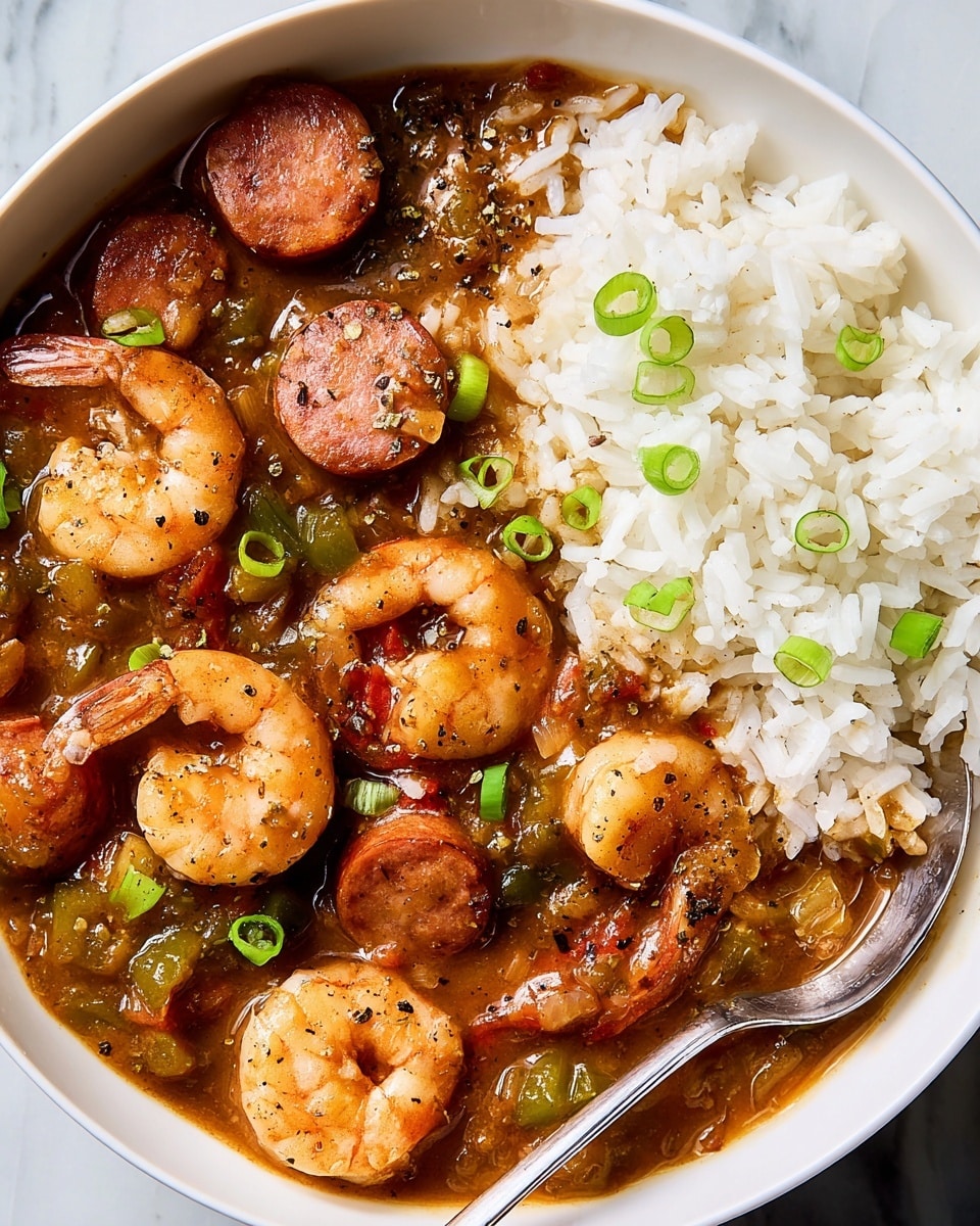 The image shows a white bowl filled with two main layers: on the left is a fluffy bed of white rice with a few green scallion slices scattered on top, and on the right is a rich stew with round slices of reddish-brown sausage and plump shrimp. The stew is thick and brown, with visible pieces of green bell pepper and diced tomatoes mixed throughout. The surface of the stew is glossy and dotted with some black pepper and chopped green onions, adding texture and color contrast. A metal spoon rests inside the stew on the right side of the bowl, partially submerged. The bowl sits on a white marbled texture. Photo taken with an iphone --ar 4:5 --v 7