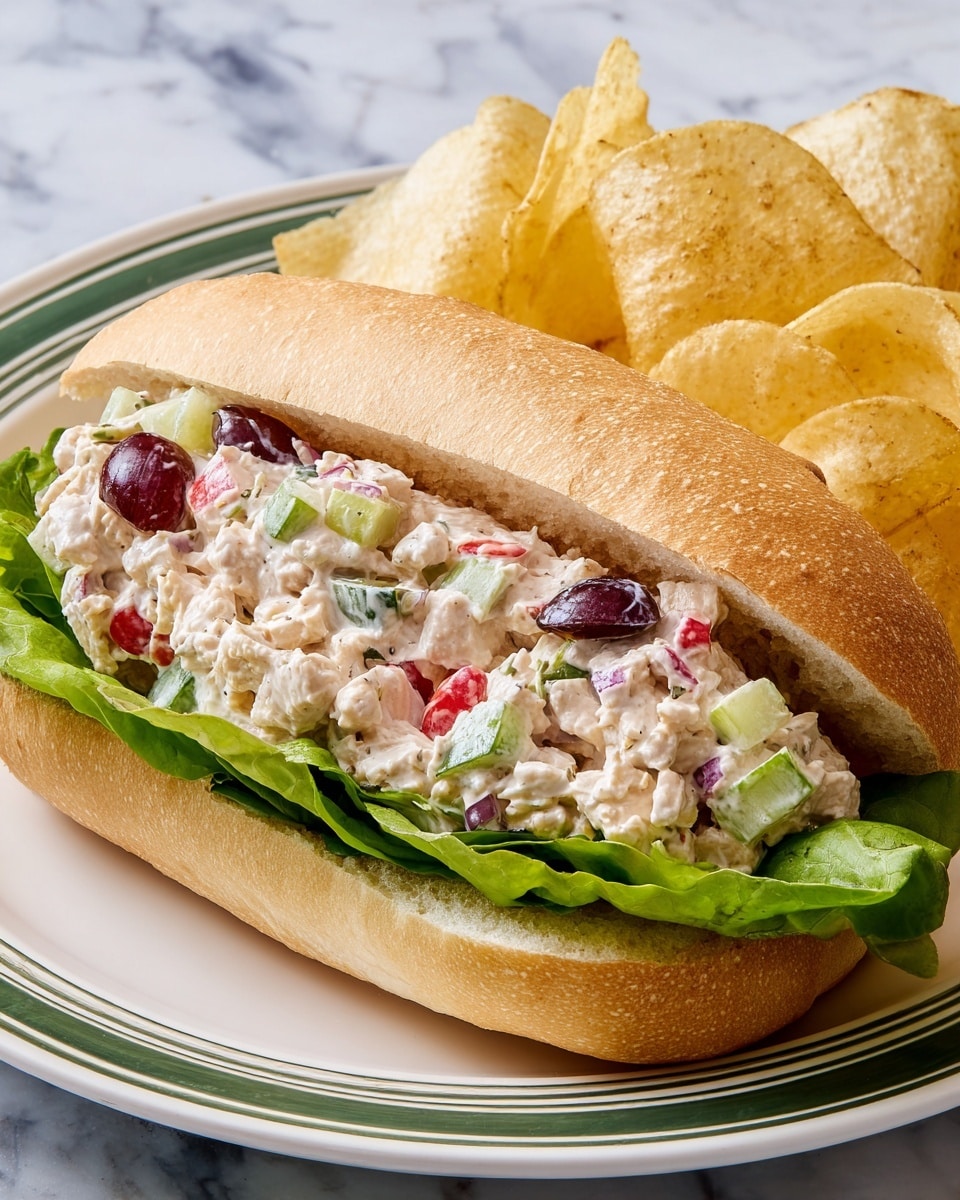A sandwich on a crusty light brown baguette, with fresh green lettuce at the bottom, topped with a creamy chicken salad mixture that includes white chicken pieces, diced light green celery, red bell peppers, chopped purple onions, and dark red grapes, showing a mix of textures and colors. The sandwich is placed on a white plate with two thin green stripes near the edge, and a pile of golden, crispy potato chips rests behind the sandwich on the plate, all set on a white marbled surface. photo taken with an iphone --ar 4:5 --v 7