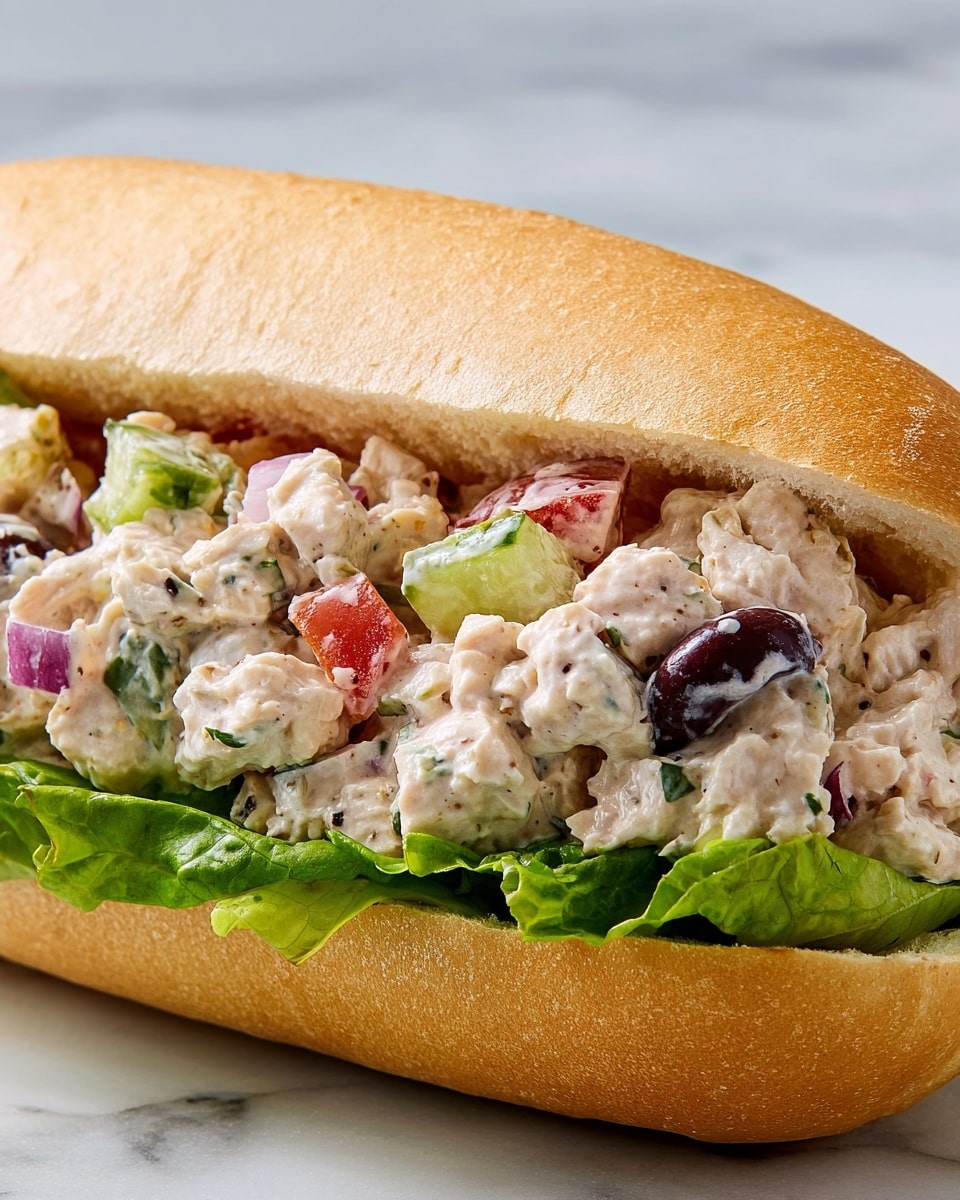 A close-up of a sandwich with a soft, light brown hoagie roll as the base. Inside the sandwich are several layers, starting with a bed of green leaf lettuce at the bottom, then chunky pieces of creamy chicken salad mixed with small pieces of red tomatoes, green celery, sliced black olives, and bits of red onion, all coated in a light white dressing. The sandwich looks fresh and filled generously, resting on a white marbled surface. photo taken with an iphone --ar 4:5 --v 7
