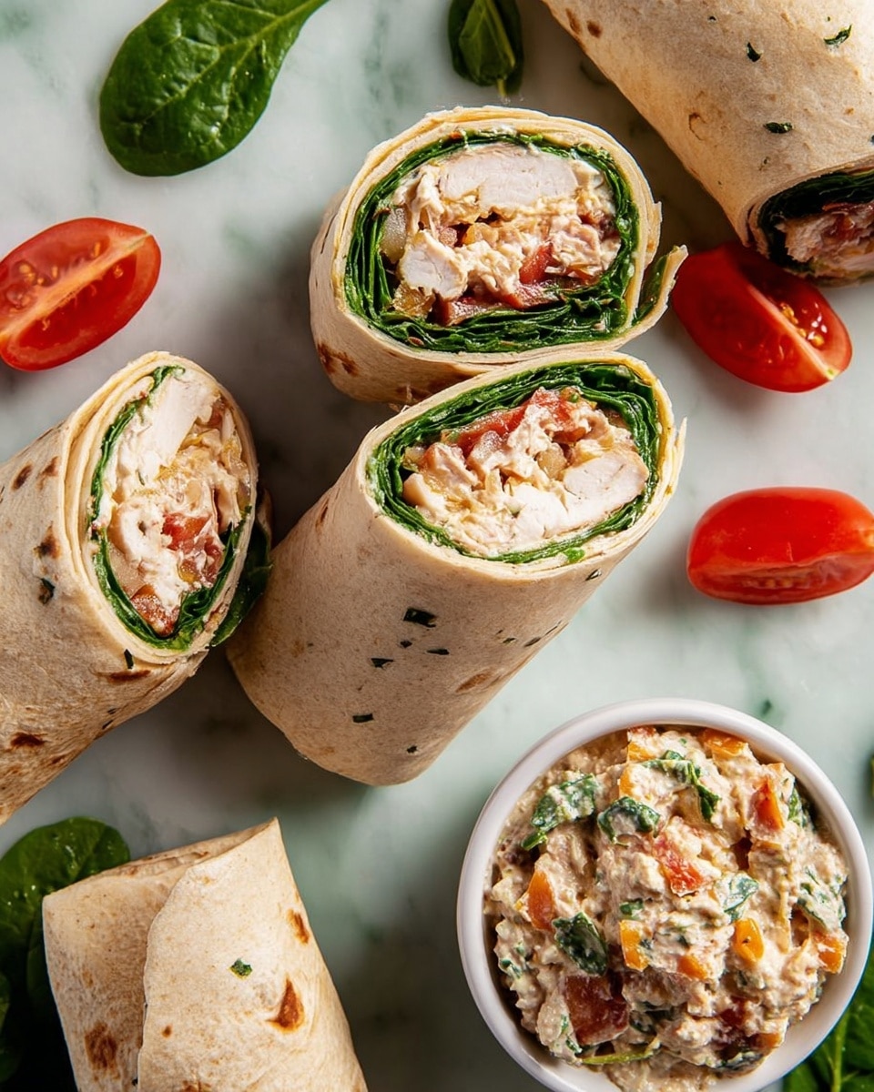 The image shows several tortilla wraps on a white marbled surface. One wrap is cut in half, revealing four visible layers: a soft beige tortilla on the outside, creamy sauce with herbs inside the tortilla, a layer of bright green leafy spinach next to it, followed by slices of white chicken and red tomato pieces. Next to the wraps is a small white bowl filled with a chunky, creamy dip that has bits of green, orange, and brown mixed in. There are also a few tomato wedges scattered around, adding touches of red to the scene. The overall look is fresh and colorful, with soft textures from the wraps and creamy layers inside. photo taken with an iphone --ar 4:5 --v 7