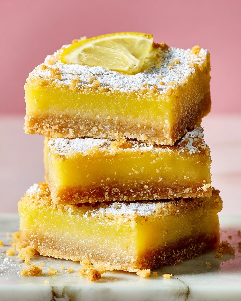 The image shows three square lemon bars stacked on top of each other on a white marbled surface. Each bar has two clear layers: a crumbly, golden-brown crust at the bottom with a rough texture, and a bright yellow, smooth lemon filling thicker than the crust. The top layer is dusted with a light coating of powdered sugar giving a soft, powdery look, and the top lemon bar is garnished with a small slice of lemon in the center. Crumbs from the crust are scattered around the bars, adding detail to the scene. The background is a soft pink color. Photo taken with an iphone --ar 4:5 --v 7