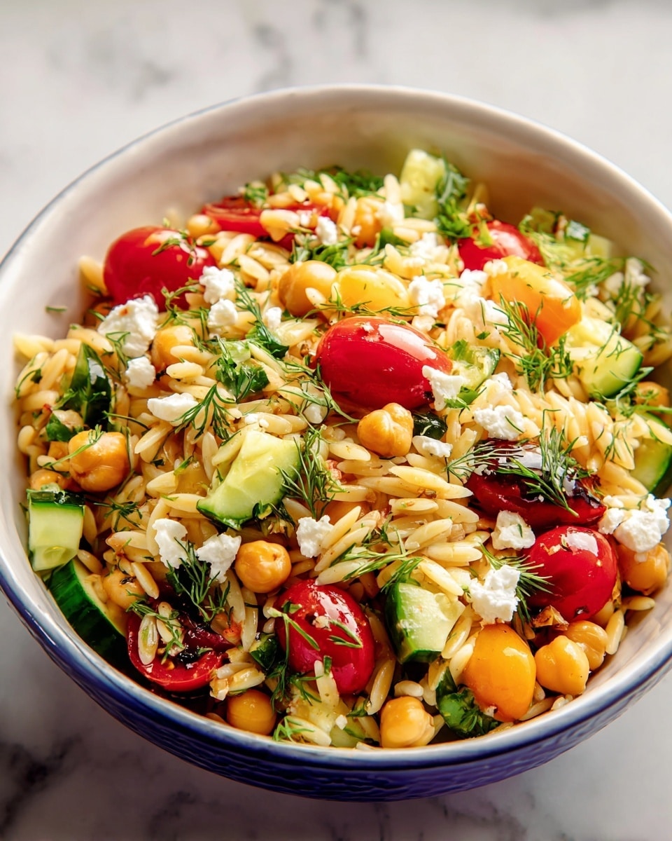 A white bowl filled with a colorful orzo salad, layered with small orange chickpeas scattered throughout, bright red cherry tomato halves, light green cucumber slices cut into half-moons, and small white chunks of cheese sprinkled on top. The salad is garnished with fresh green herb leaves, likely dill, adding a soft texture. The bowl sits on a white marbled surface, and the image has a close-up view highlighting the fresh ingredients and their mix of smooth, crunchy, and soft textures. photo taken with an iphone --ar 4:5 --v 7