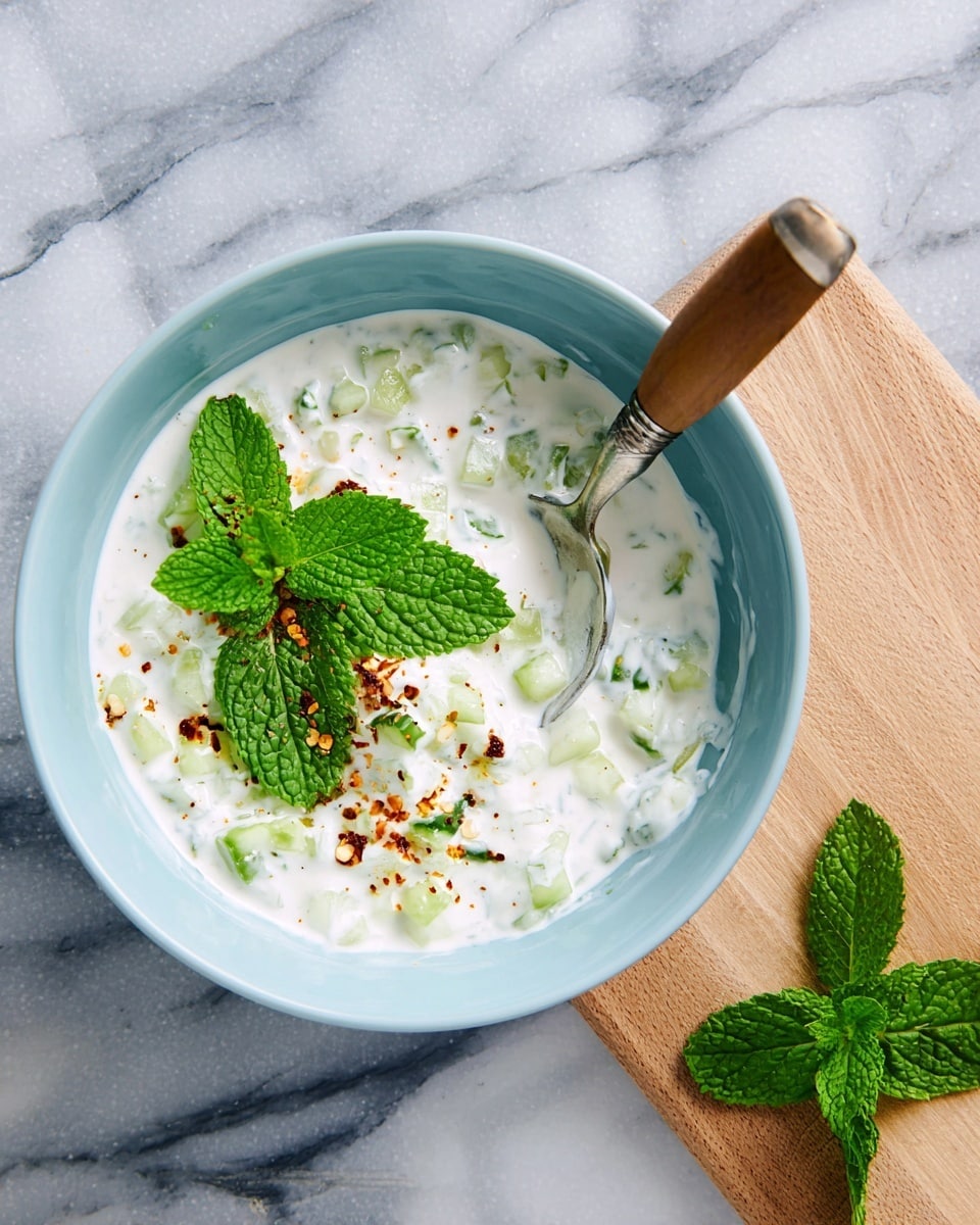 A light blue bowl filled with creamy white raita, speckled with tiny pieces of green cucumber and mint leaves mixed throughout. On top, there are three fresh, bright green mint leaves and sprinkled red chili powder adding color contrast. A silver spoon with a wood handle rests inside the bowl on the right side. The bowl is placed on a white marbled texture, next to a wooden board with one green mint leaf on it. photo taken with an iphone --ar 4:5 --v 7