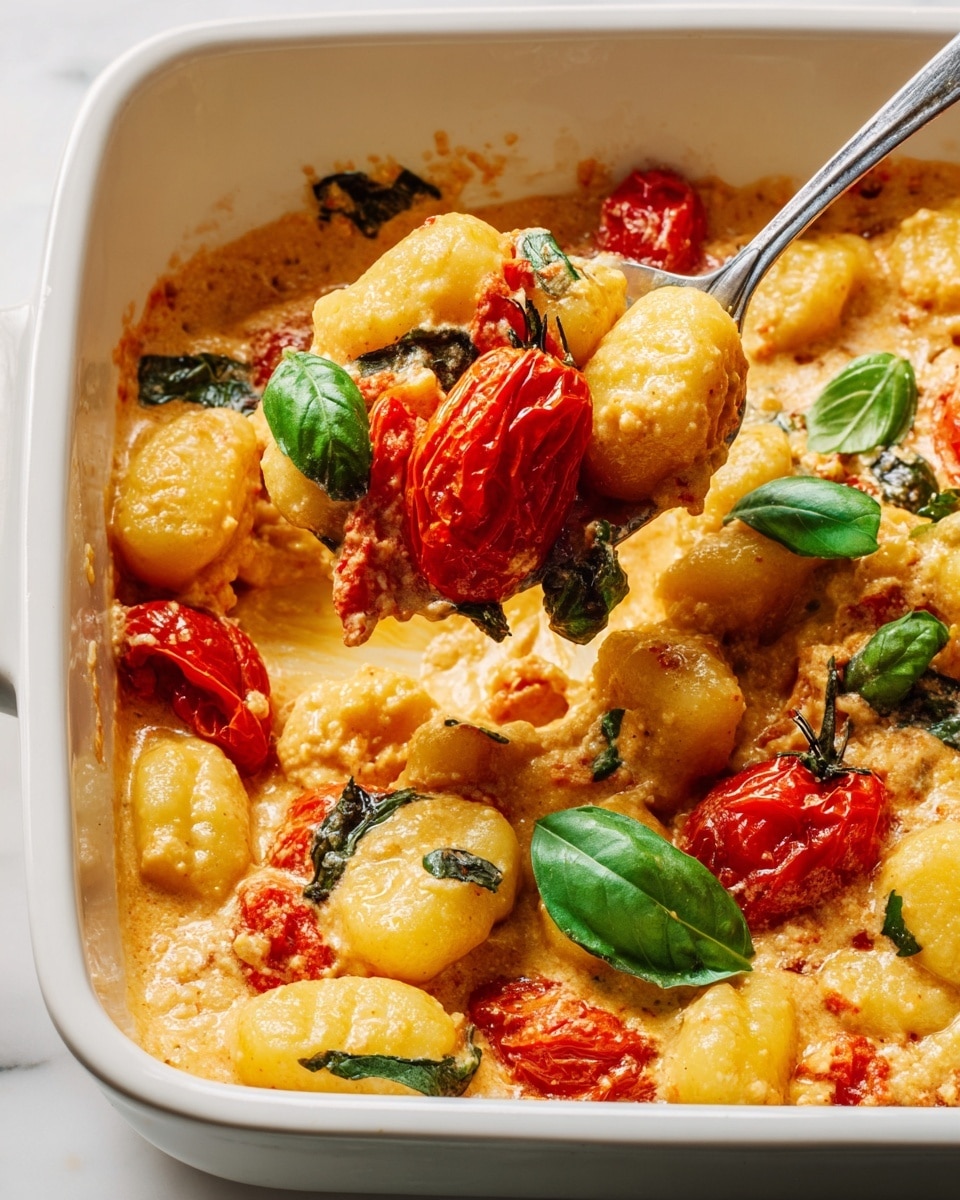 A white rectangular dish filled with golden gnocchi coated in a creamy, slightly textured light orange sauce mixed with soft, roasted cherry tomatoes that are vibrant red with wrinkled skins. Bright green fresh basil leaves are scattered on top, adding a pop of color and freshness. A spoon lifts a portion showing several gnocchi, a whole roasted cherry tomato, and a basil leaf from the creamy base. The dish sits on a white marbled surface, highlighting the rich colors and creamy texture of the food. photo taken with an iphone --ar 4:5 --v 7