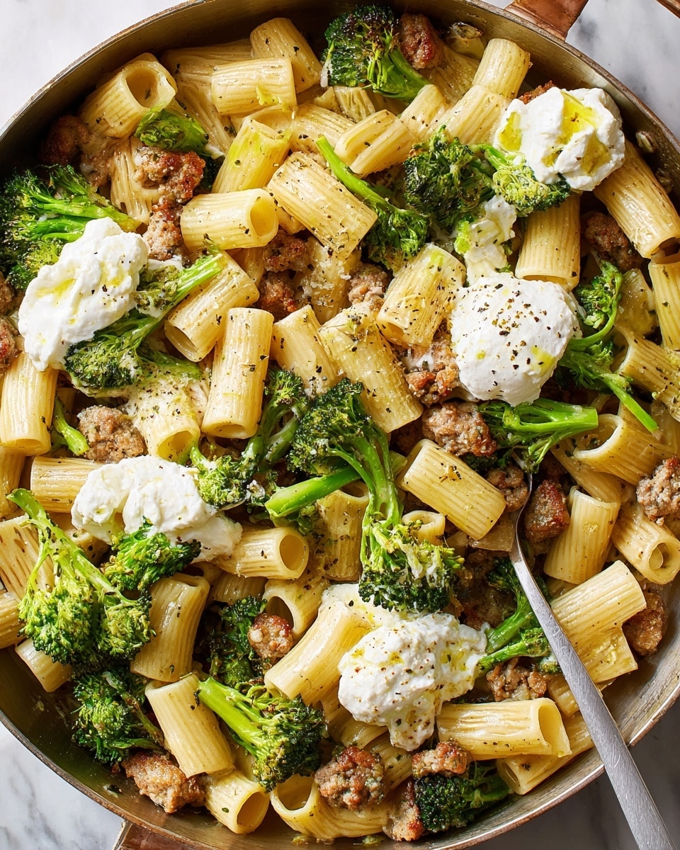 A close-up view of a large pan filled with rigatoni pasta mixed with browned sausage pieces and bright green broccoli florets. The pasta is light golden with a slightly ridged texture, scattered throughout with crispy, browned sausage bits that have a rough texture. Fresh, creamy white dollops of ricotta cheese sit on top and are lightly drizzled with olive oil and sprinkled with cracked black pepper. The broccoli adds a vibrant green color with slightly charred edges. A silver spoon rests inside the pan, which is placed on a white marbled surface. Photo taken with an iphone --ar 4:5 --v 7