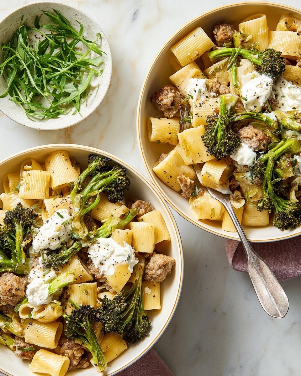 The image shows two shallow white bowls filled with rigatoni pasta mixed with pieces of cooked sausage, roasted broccoli florets, and dollops of creamy white cheese on top. The rigatoni is a pale yellow color with a slight glossy texture, while the sausage is browned and crumbly. The broccoli is deep green with some charred edges, adding a rough texture. The cheese is soft and creamy with specks of black pepper sprinkled over it. A silver fork rests in the right bowl on top of the pasta. To the left, a small white bowl holds fresh green herbs with long slender leaves. The background is a white marbled surface. photo taken with an iphone --ar 4:5 --v 7