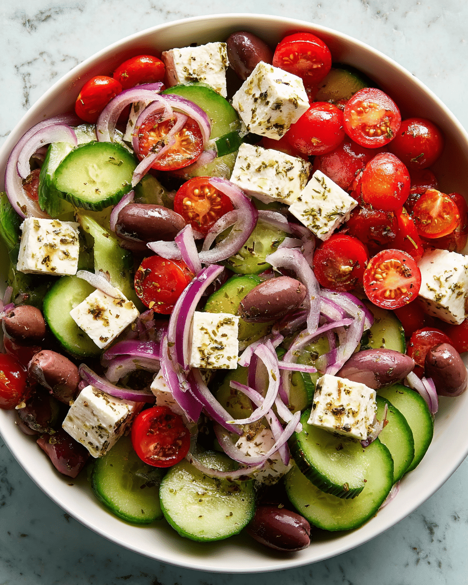 A white bowl filled with a fresh Greek salad showing several layers: the base layer has thick slices of green cucumber with textured skin and the middle layer includes bright red cherry tomatoes, halved to reveal their juicy interior, scattered evenly. Mixed among the vegetables are thin slices of light purple onion, adding a soft, curly texture, and dark brown Kalamata olives, some halved. The top layer features white cubes of feta cheese, slightly crumbly with specks of herbs and spices. The whole salad is lightly dressed with greenish seasoning and olive oil, giving a slight shine to the ingredients. The bowl sits on a white marbled textured surface. photo taken with an iphone --ar 4:5 --v 7