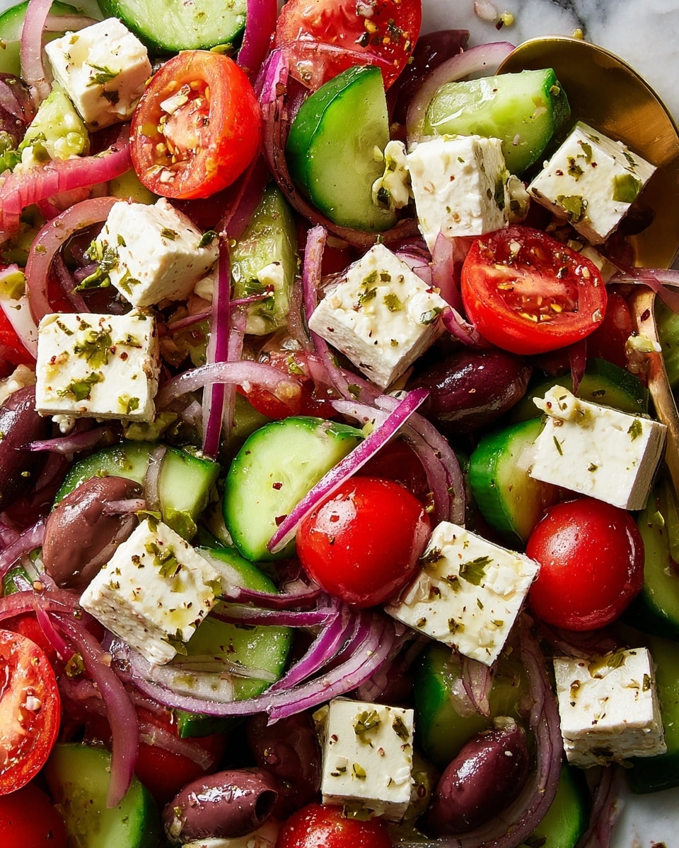 This image shows a mixed salad with several clear layers of fresh ingredients. At the bottom, there are thick slices of green cucumber with their dark green skins, scattered throughout the salad. On top and mixed in, there are many bright red cherry tomatoes, some cut in half showing their juicy inside, and some whole with smooth skin. Among the vegetables, there are cubes of white feta cheese, sprinkled with small bits of green herbs and black pepper. Thin slices of purple-red onion are spread across the salad, adding a light and slightly translucent texture. Dark purplish-brown pieces of kalamata olives appear throughout, adding depth to the color mix. The salad looks lightly coated with a dressing that gives it a shiny appearance. It is placed on a white marbled surface with a golden spoon just partly visible, hinting the salad is ready to be served. photo taken with an iphone --ar 4:5 --v 7