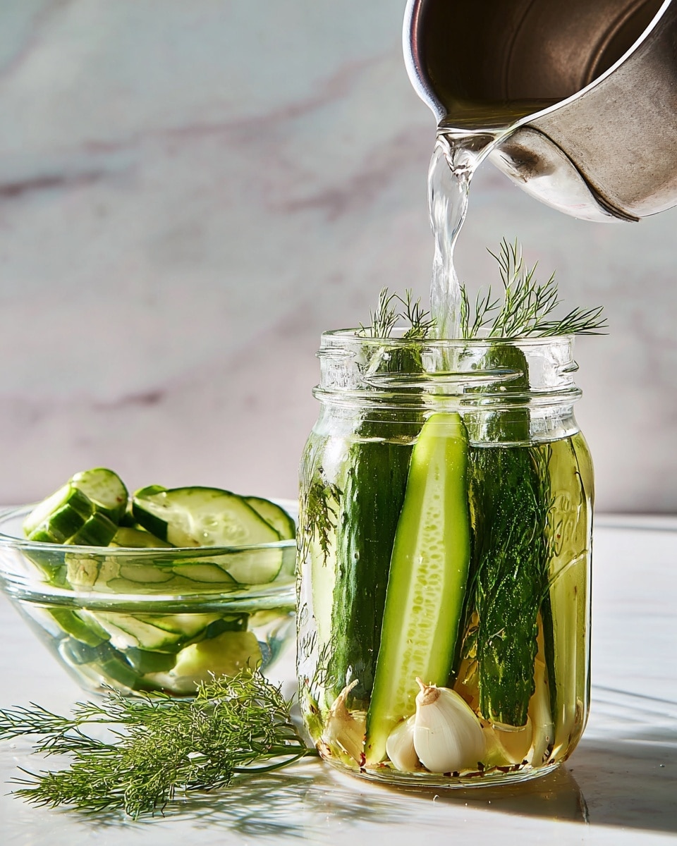 Two clear glass jars are filled with fresh, green pickling cucumbers cut into long spears, standing upright. Inside each jar, layers of light green cucumber flesh with darker green skin contrast with sprigs of bright green dill and whole cloves of pale garlic, giving a textured and fresh look. The jars sit on a white marbled surface with soft, neutral grey background. The scene is bright and natural, highlighting the crunchy freshness of the pickles and herbs. photo taken with an iphone --ar 4:5 --v 7