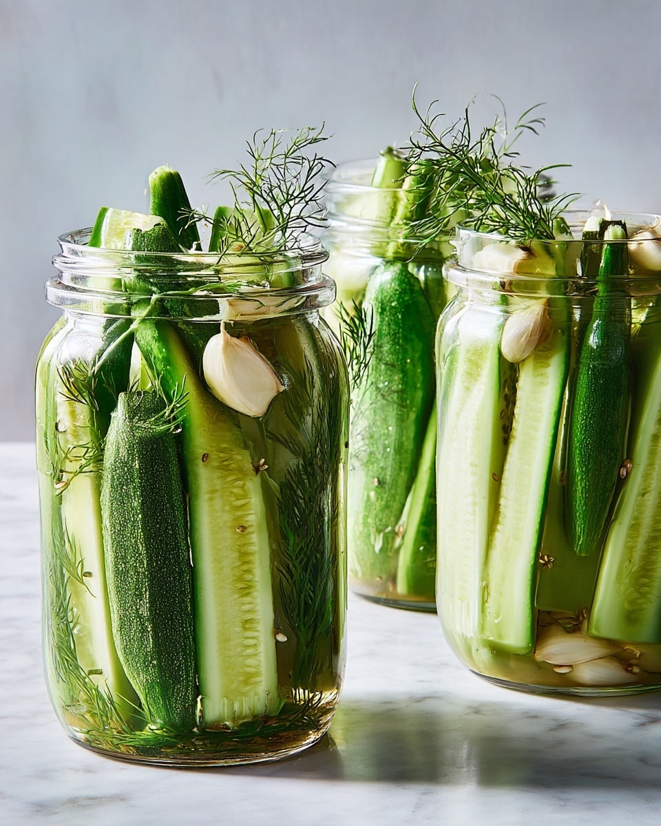 A clear glass jar sits on a white marbled surface filled with whole dill sprigs, long slices of cucumber standing upright showing their dark green peel and pale, moist interiors, along with a few whole garlic cloves at the bottom. A silver pot is tilted above the jar, pouring a clear liquid into it. In the background to the left, a small clear glass bowl holds round cucumber slices, dill sprigs, and garlic cloves partially submerged in water. The scene is bright and fresh with soft lighting. photo taken with an iphone --ar 4:5 --v 7