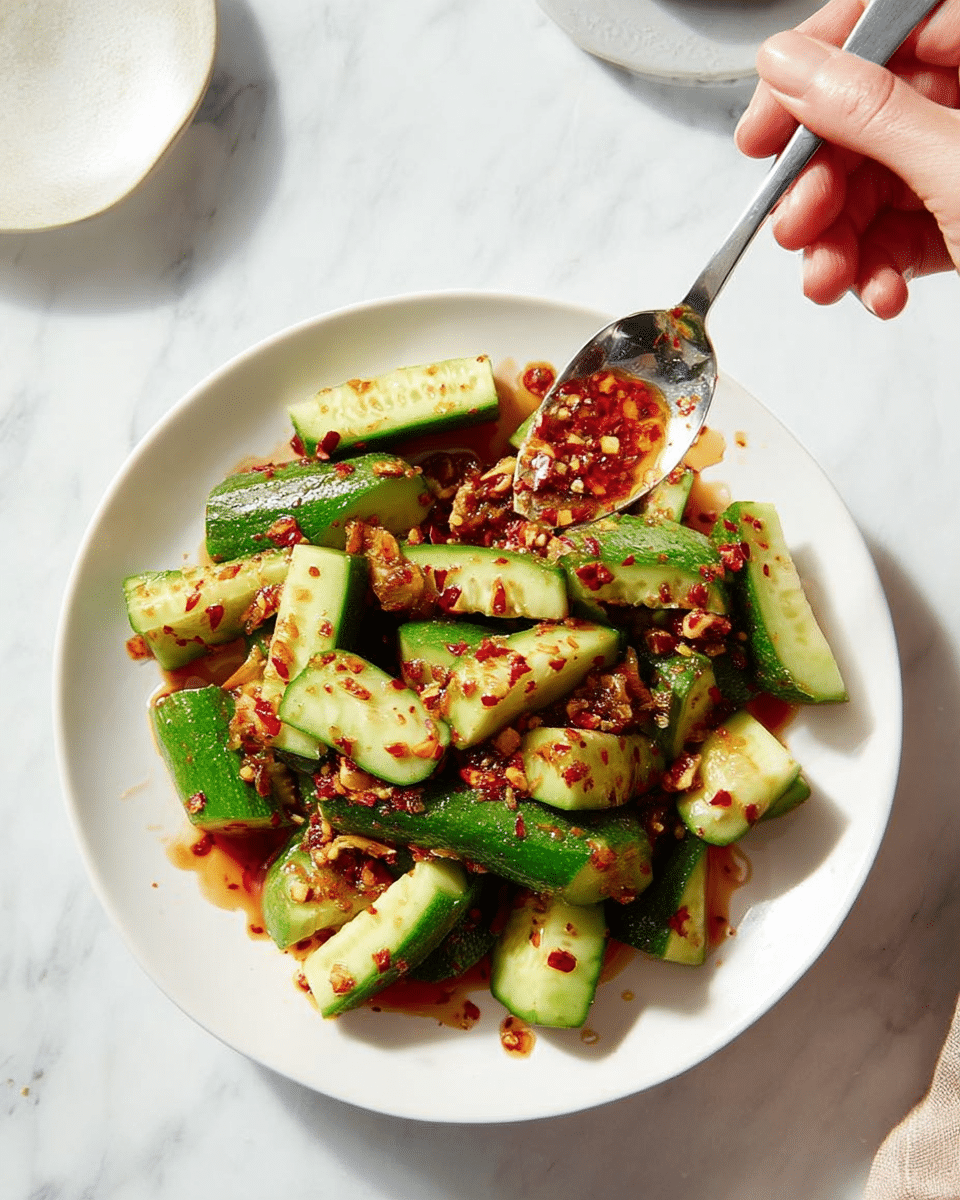 The image shows a white round plate filled with chopped cucumber pieces, roughly cut into uneven chunks with some skin on, giving a mix of dark and light green shades. The cucumbers are covered in a reddish-brown spicy sauce with visible chili flakes and bits of garlic, creating a textured, oily coating. There is some of the bright red chili oil pooling at the bottom of the plate, making the dish look glossy and juicy. The plate sits on a white marbled surface with a small portion of a white bowl with red sauce visible nearby. photo taken with an iphone --ar 4:5 --v 7