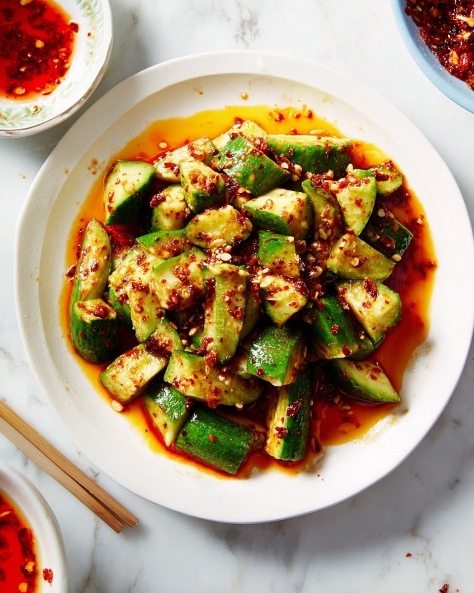 A white round plate with a mix of chopped green cucumber pieces, each cut into different sizes showing fresh green skin and pale inner flesh, layered with a chunky red chili sauce containing visible seeds and small bits of garlic, drizzled unevenly over the cucumbers, with some sauce drops on the white marbled surface around the plate. A woman's hand holds a small silver spoon over the plate, partly covered with the chili sauce, poised to scoop some. The scene is bright and clean with a close-up focus. Photo taken with an iphone --ar 4:5 --v 7
