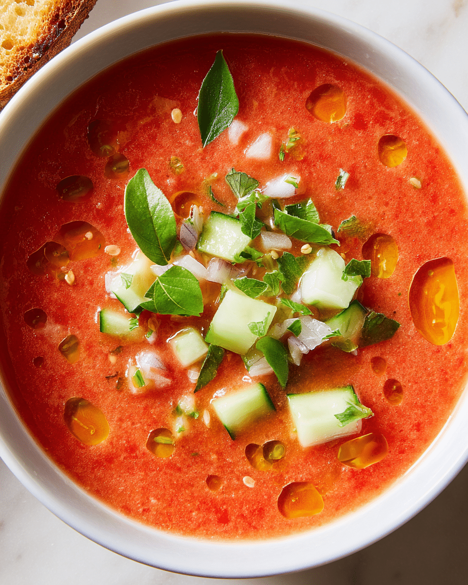 Three white bowls hold bright red gazpacho soup with a smooth and slightly chunky texture, each bowl topped with a small pile of pale green cucumber cubes, light purple onion pieces, and fresh green herb leaves. There are small golden drops of olive oil scattered on the soup's surface. Around the bowls, golden toasted slices of bread with a rough texture and airy holes are placed on a white marbled surface, along with scattered fresh green herb leaves. A silver spoon rests inside one bowl. Photo taken with an iphone --ar 4:5 --v 7