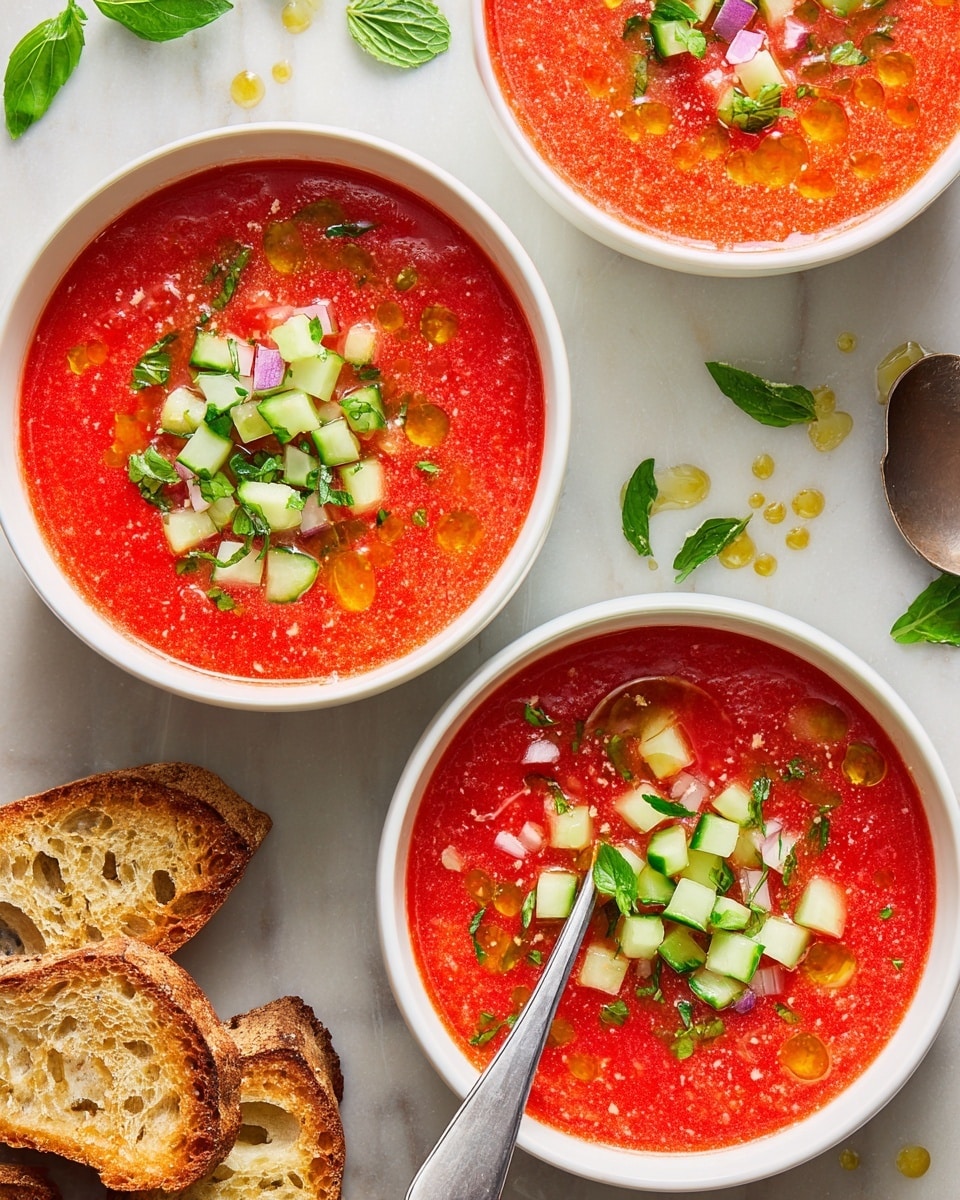 A white bowl filled with bright red gazpacho soup, which looks smooth with small bits of vegetables inside. On top, there are small cubes of light green cucumber and tiny chopped white onion pieces. Bright green fresh herbs, like parsley and basil leaves, are scattered on the surface, with shiny drops of golden olive oil around them. The bowl sits on a white marbled surface with a piece of toasted bread partly visible in the corner. Photo taken with an iphone --ar 4:5 --v 7