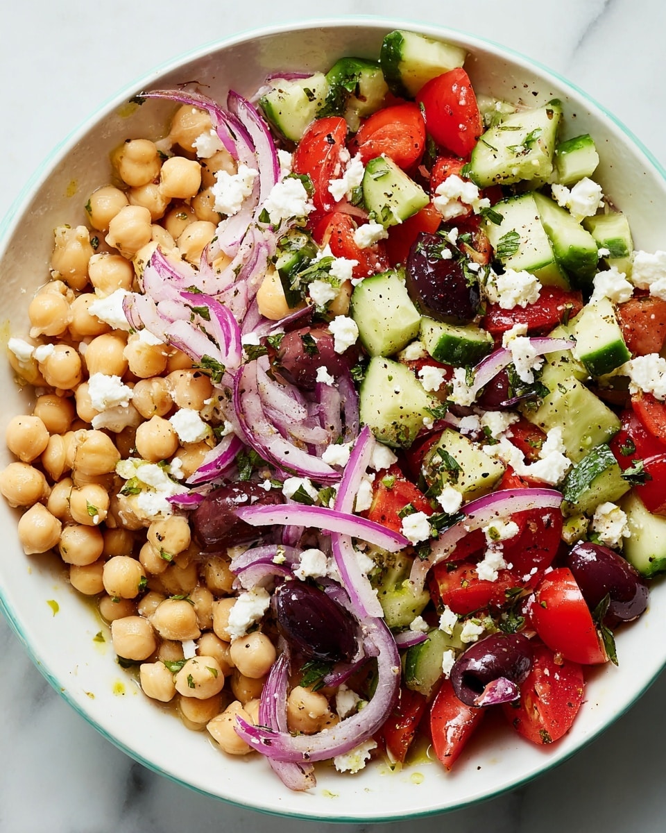 A white oval plate is filled with a colorful chickpea salad made of light beige chickpeas as the base layer mixed evenly with dark purple olives, bright red bell pepper pieces, small chunks of white feta cheese, thin slices of red onion, and green cucumber cubes. All ingredients are mixed together, showing a mix of round, diced, and sliced shapes, creating a fresh and vibrant look. The plate sits on a white marbled surface. Photo taken with an iphone --ar 4:5 --v 7