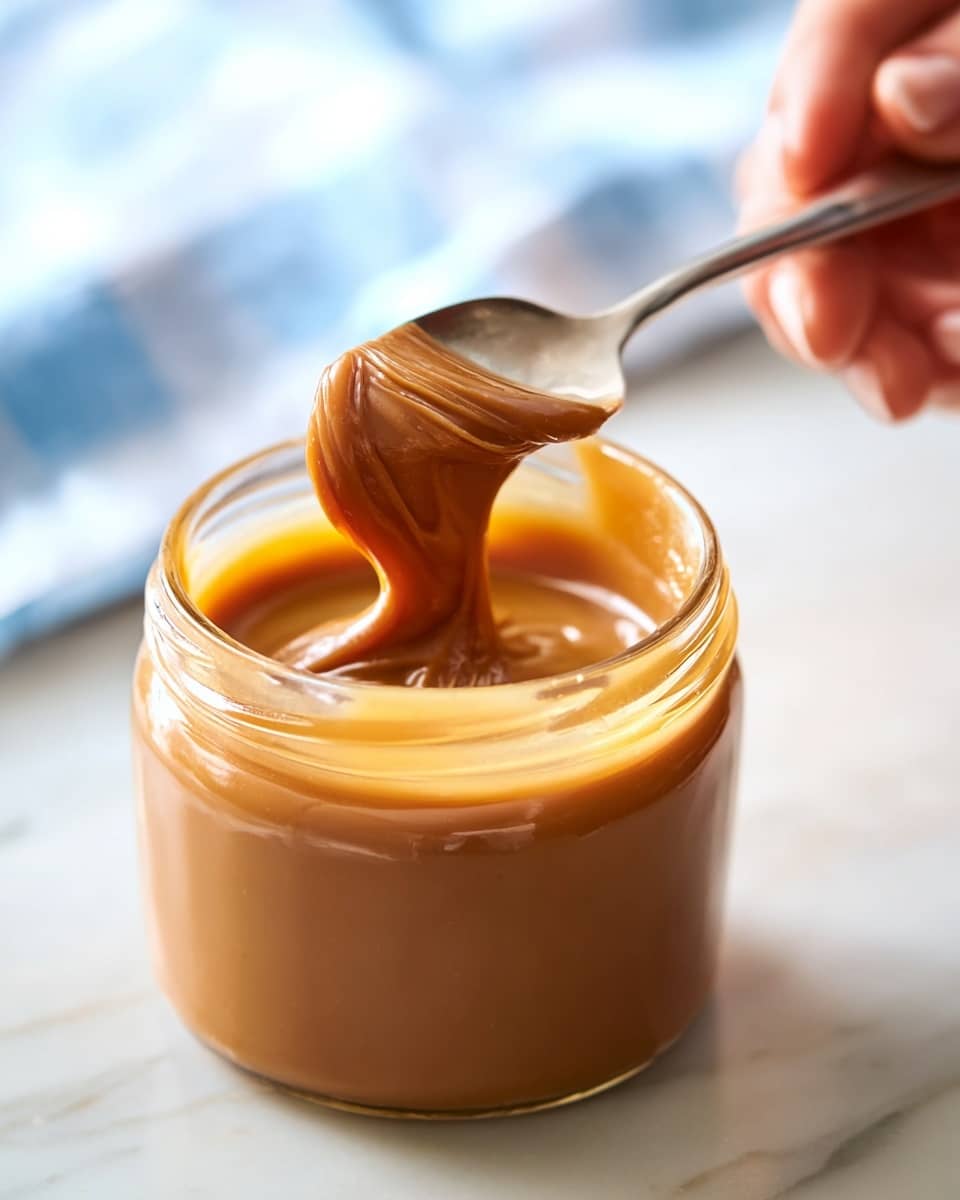 A close-up image showing a glass jar filled with thick, shiny caramel sauce in rich golden brown color. A silver spoon is dipped into the jar, lifting a smooth, swirled scoop of the sauce with a glossy texture. In the top right corner, a woman's hand holds the spoon delicately. The jar sits on a soft white marbled surface, and the background is softly blurred with bright natural light. photo taken with an iphone --ar 4:5 --v 7