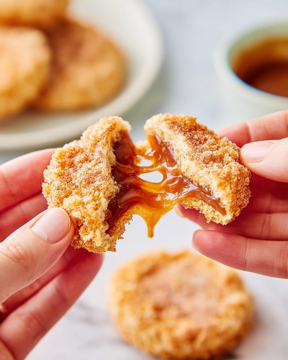 A close-up image showing a woman's hand breaking apart a round crispy snack with a golden brown, crunchy outer layer sprinkled with a light dusting of cinnamon sugar. Inside, there is a thick, glossy layer of warm caramel stretching between the two halves, creating a sticky texture contrast with the crunchy outside. The background features a white marbled surface with a blurry white plate holding more of the same snacks in the distance. Photo taken with an iphone --ar 4:5 --v 7