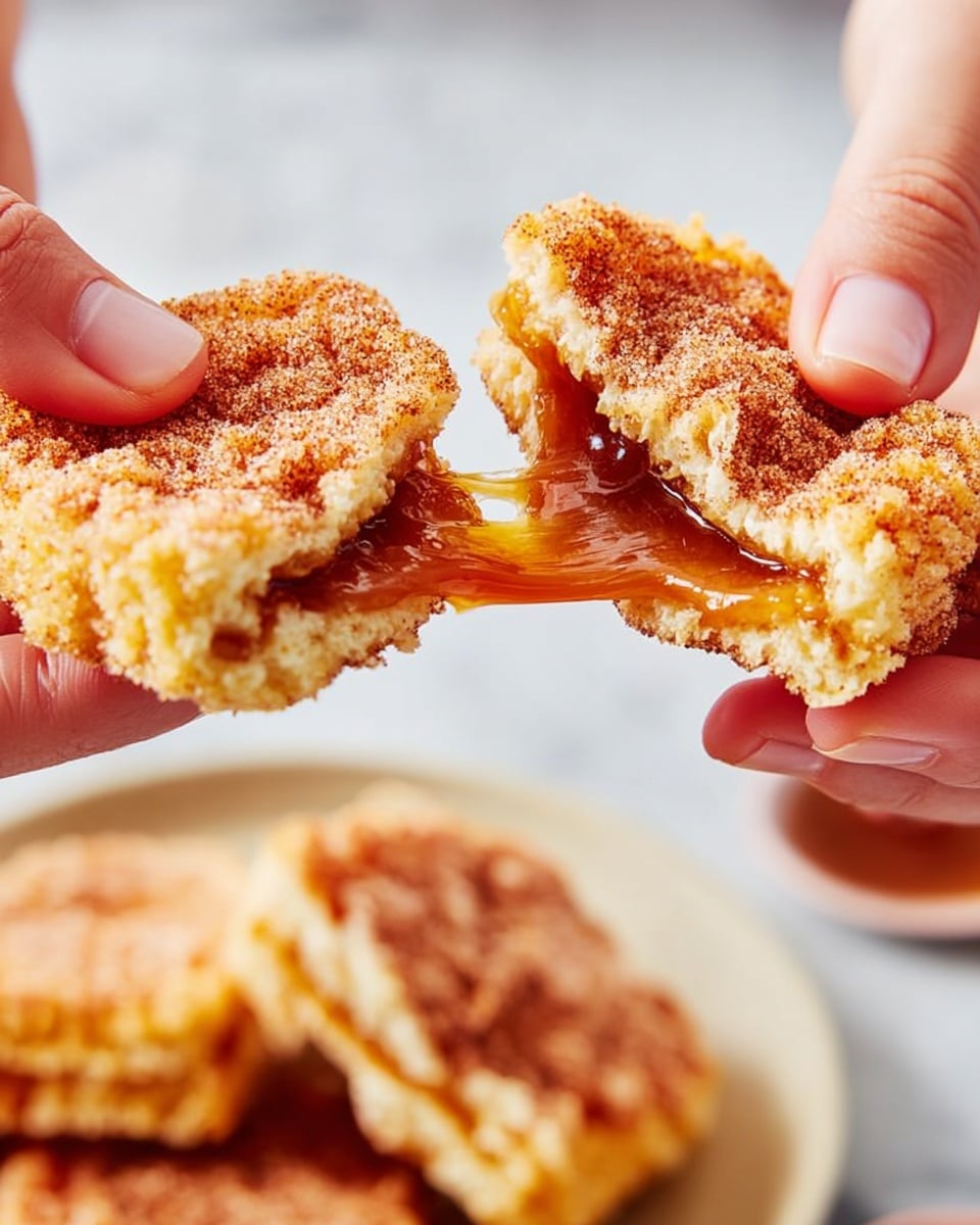 A close-up view of a crispy, golden-brown dessert being pulled apart by two woman's hands, revealing a gooey, sticky caramel layer stretching between the two pieces. The outer layer is rough and crunchy with a light dusting of cinnamon powder, giving it a speckled appearance. In the blurred background, there are more pieces of the same dessert placed on a white plate, all sitting on a white marbled surface. The lighting highlights the texture and the shiny stretch of the caramel inside. photo taken with an iphone --ar 4:5 --v 7