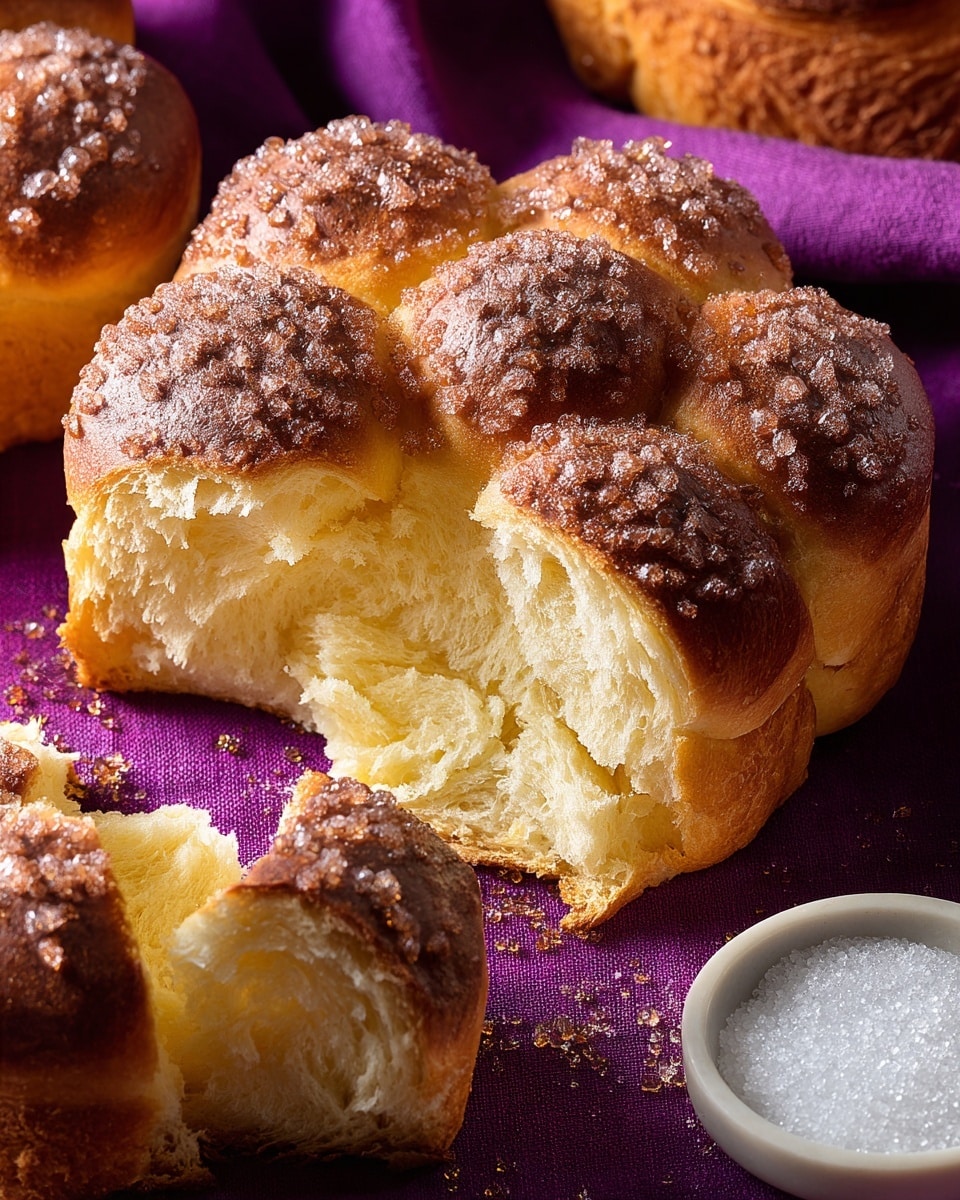 The image shows soft, baked bread rolls with a golden-brown top layer sprinkled with sugar crystals for a rough texture. Each bread roll has a round base layer with three smaller, rounded sections on top, creating a three-dimensional cluster. The inside of the bread is light yellow with a fluffy and airy texture, visible where pieces are broken off. The bread rolls are placed on a rich purple fabric surface, with a small white ceramic dish filled with granulated sugar visible in the lower right corner. Sugar granules are scattered around the bread, adding a slightly sparkling effect. photo taken with an iphone --ar 4:5 --v 7