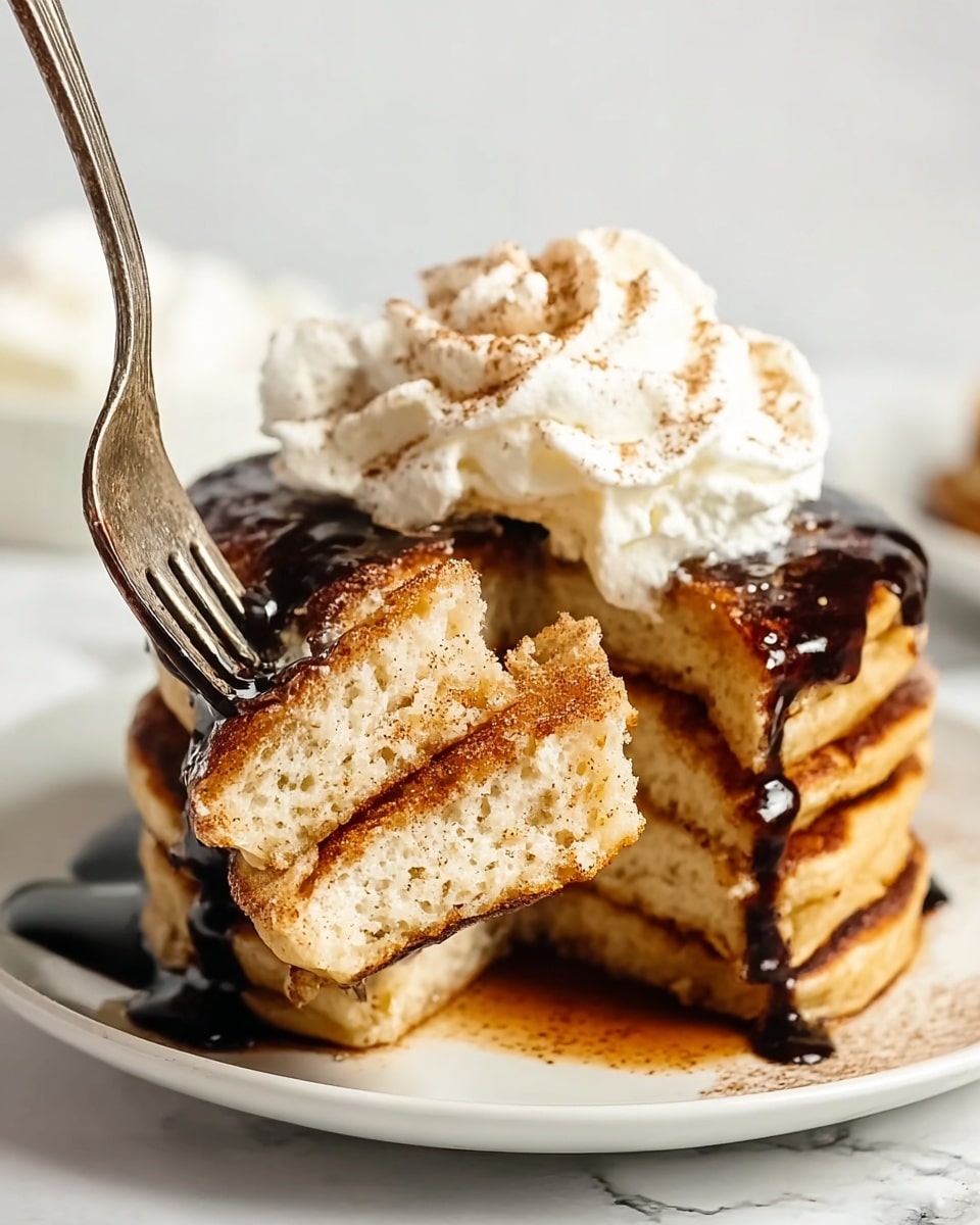 A stack of four golden brown pancakes with a light, slightly crispy texture on the edges sits on a white plate on a white marbled surface. The pancakes are drizzled generously with dark, glossy chocolate syrup that drips down the sides and topped with a fluffy, white swirl of whipped cream. A fork is holding a thick cut section of the pancake stack upright in the front, showing the soft, airy inside layers with a slight cinnamon dusting on the edges. Photo taken with an iphone --ar 4:5 --v 7