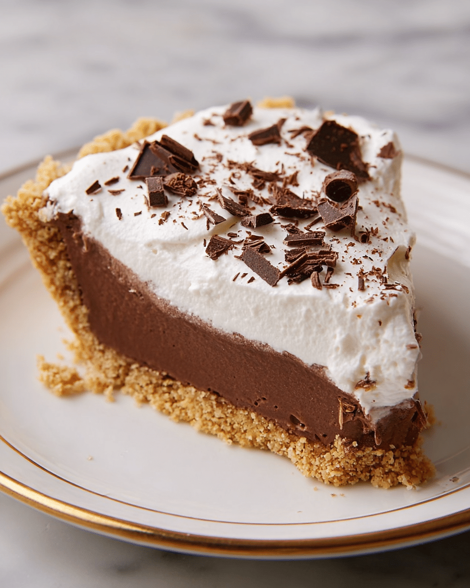 A slice of pie with three layers is shown on a white plate with a thin gold rim. The bottom layer is a crumbly, light brown crust with a rough texture. The middle layer is a thick, smooth, dark chocolate filling that looks creamy. The top layer is a fluffy white whipped cream topped with small, broken pieces of dark chocolate shavings scattered evenly. The background is a white marbled texture. photo taken with an iphone --ar 4:5 --v 7