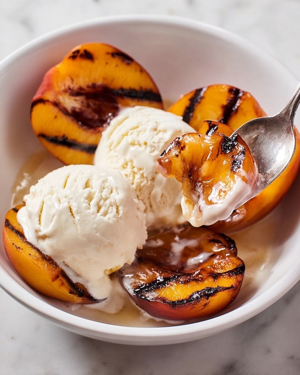 The image shows a white bowl with grilled peach halves that have dark grill marks on their orange skin, arranged around two scoops of creamy vanilla ice cream. A spoon holds a peach slice with melting ice cream, showing the juicy texture of the fruit and the soft cream dripping slightly. The bowl rests on a white marbled surface. photo taken with an iphone --ar 4:5 --v 7