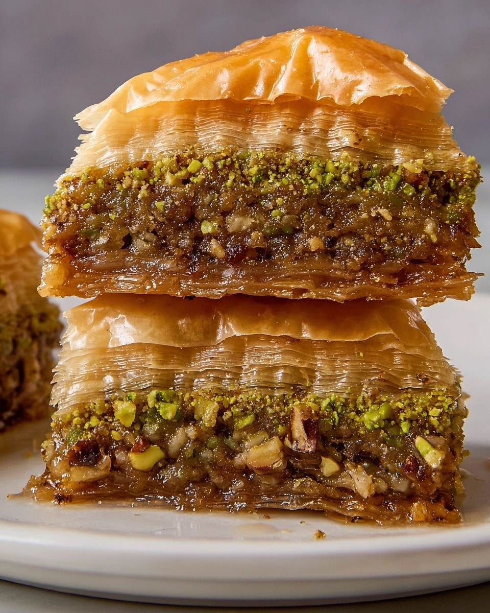 A close-up of two pieces of baklava stacked on top of each other on a white plate, placed on a white marbled surface. The baklava has multiple thin, flaky golden brown layers of pastry on the top and bottom. Between the pastry layers, there are three dense layers of finely chopped nuts mixed with a sticky, shiny syrup, showing textures of green pistachios and brown walnuts. The syrup gives a glistening effect, making the nut layers look moist and rich. Photo taken with an iphone --ar 4:5 --v 7